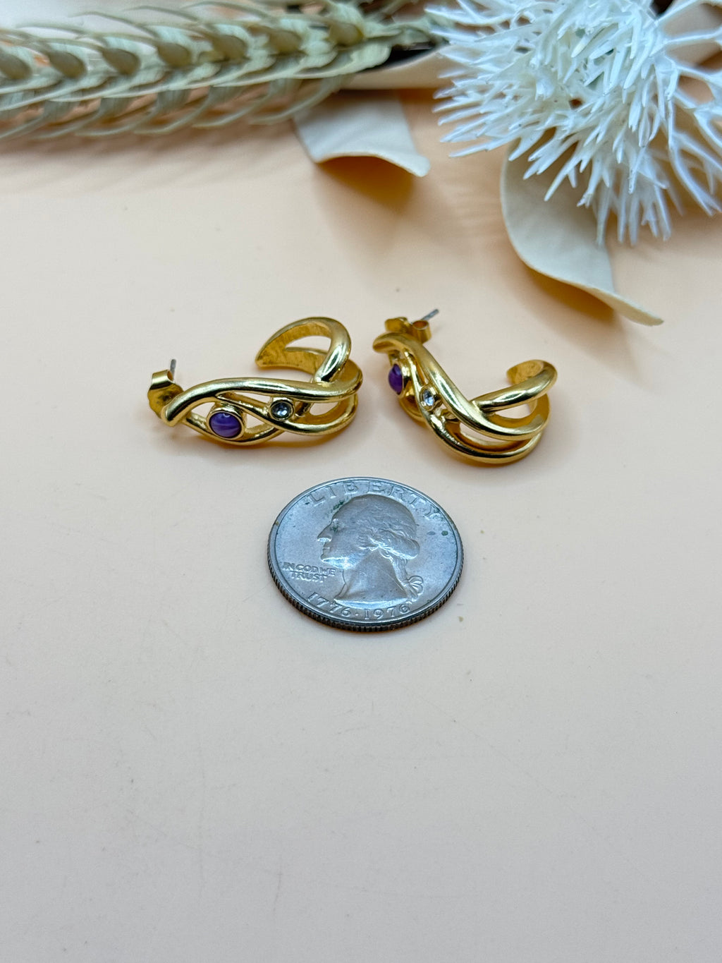 Gold Tone Purple Cabochon & Clear Rhinestone Swirl Stud Earrings