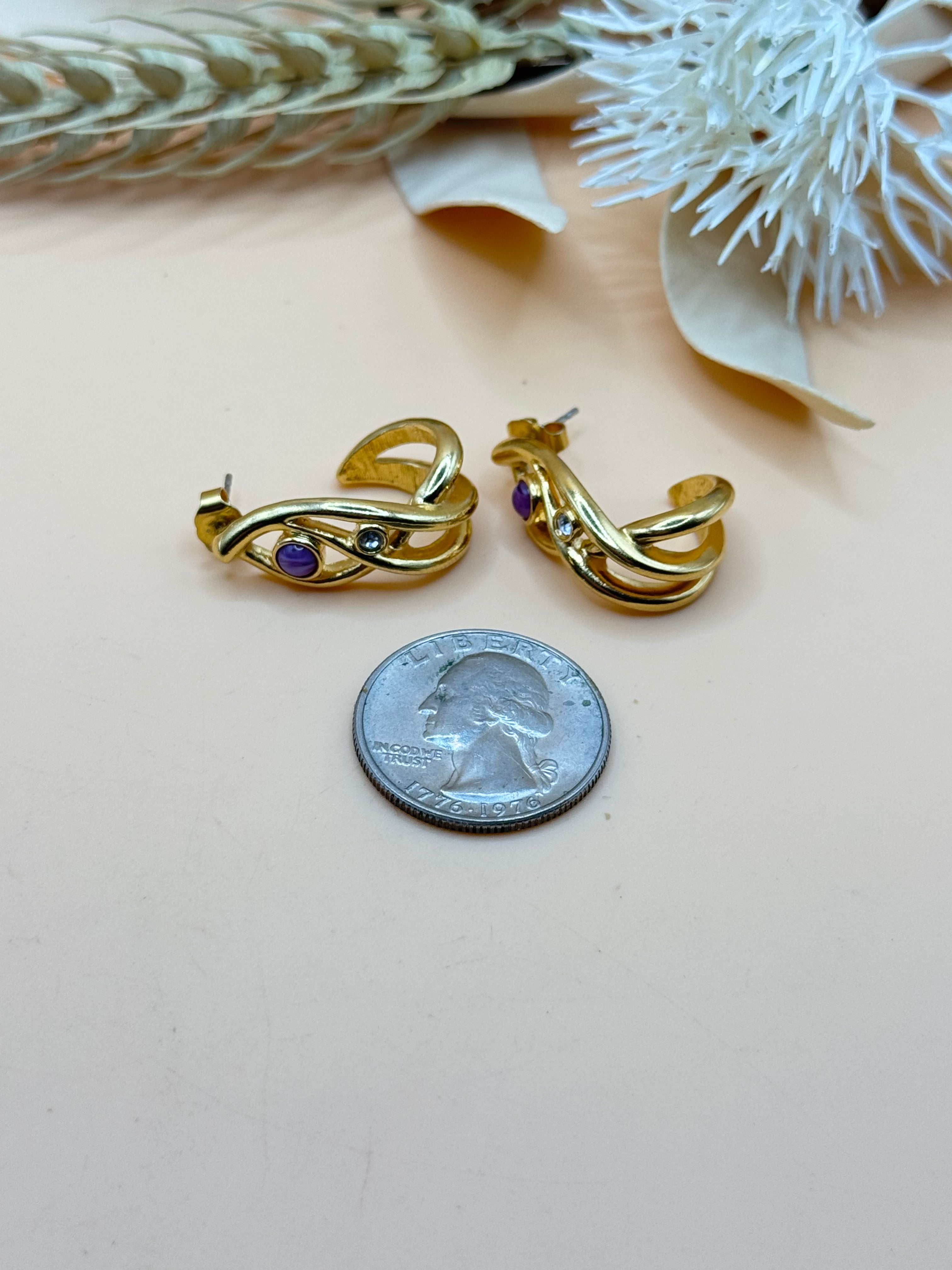 Gold Tone Purple Cabochon & Clear Rhinestone Swirl Stud Earrings