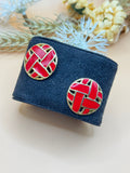 Gold Tone Red Enamel Woven Round Stud Earrings