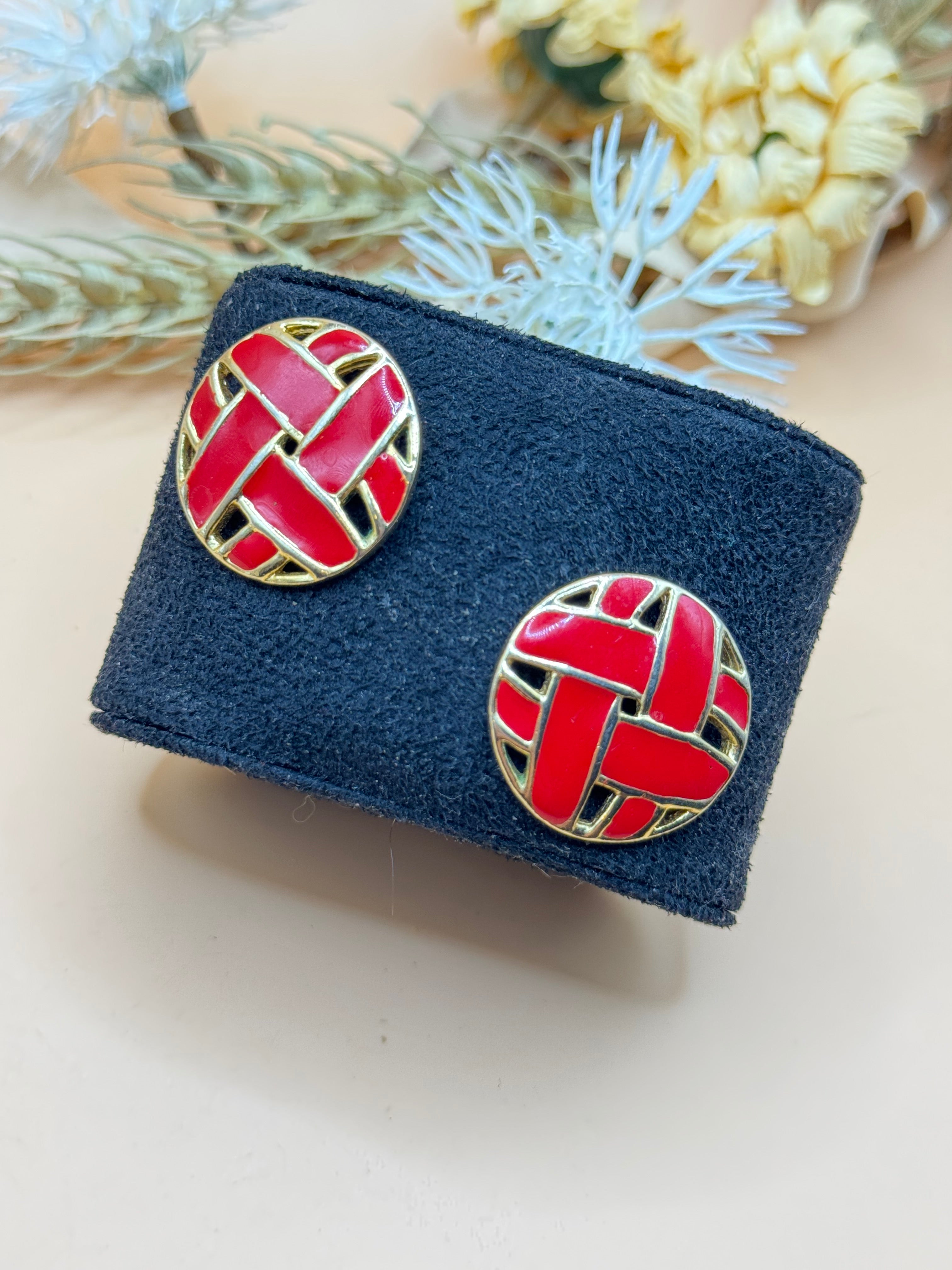 Gold Tone Red Enamel Woven Round Stud Earrings