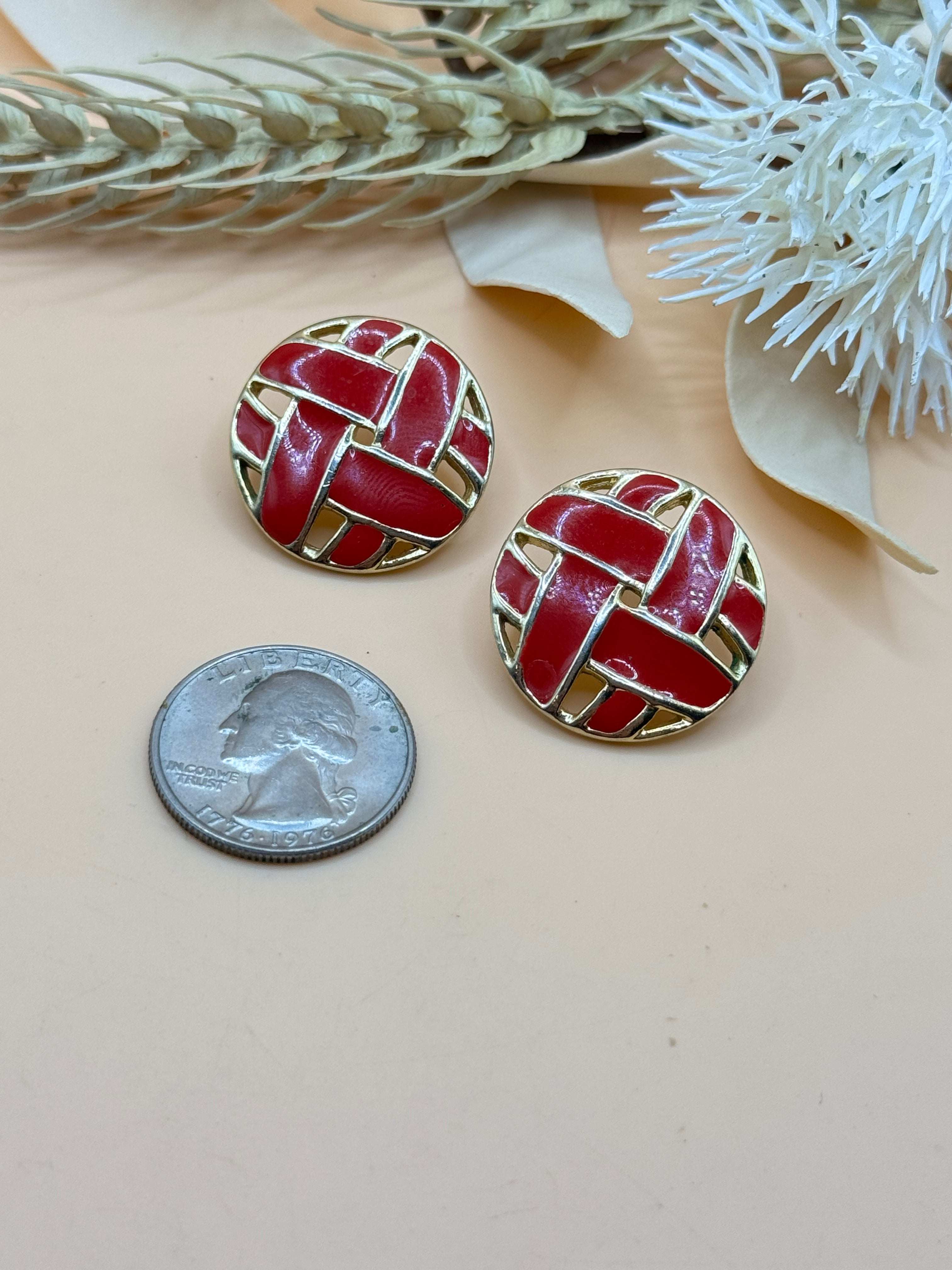 Gold Tone Red Enamel Woven Round Stud Earrings