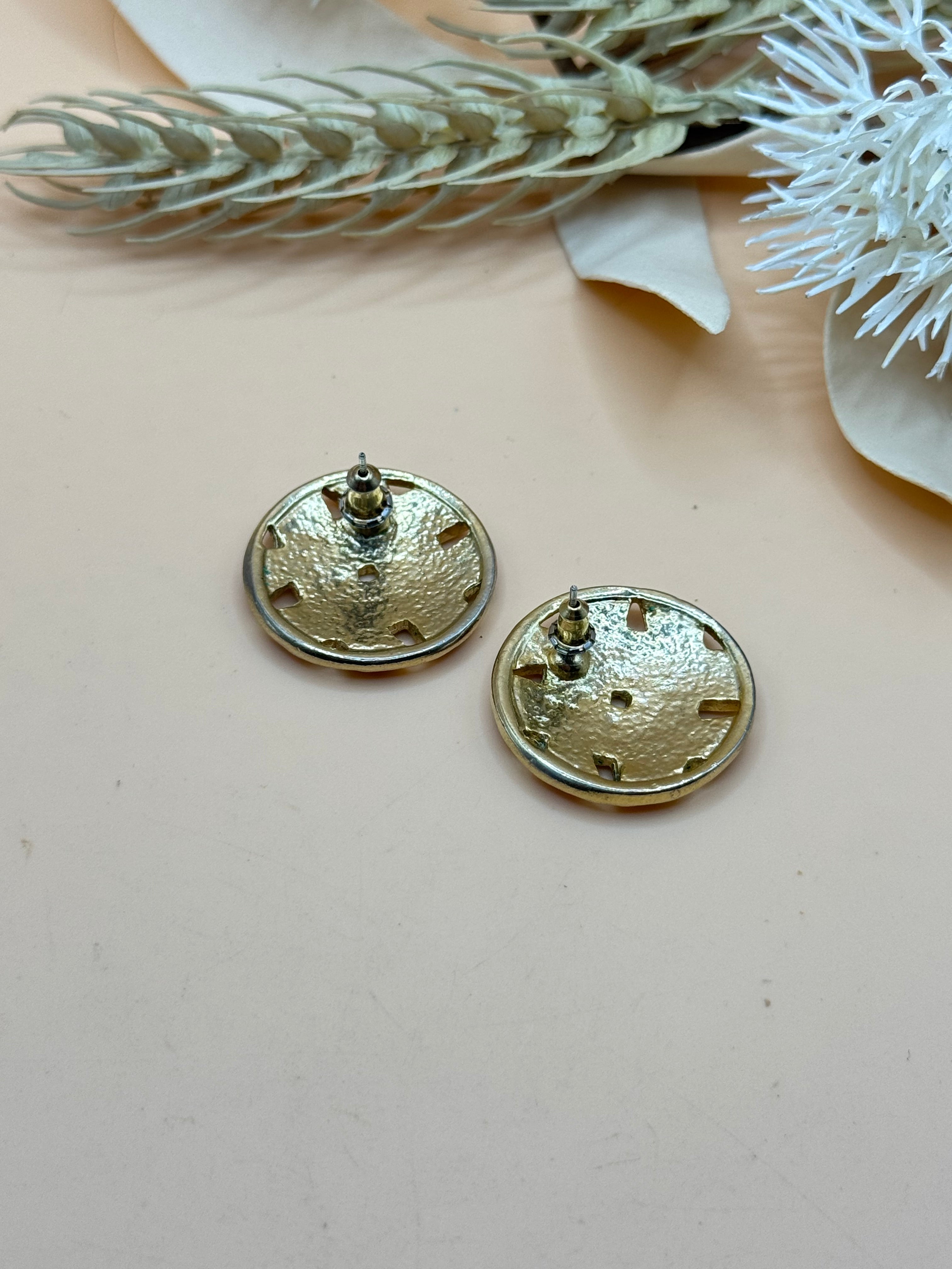 Gold Tone Red Enamel Woven Round Stud Earrings