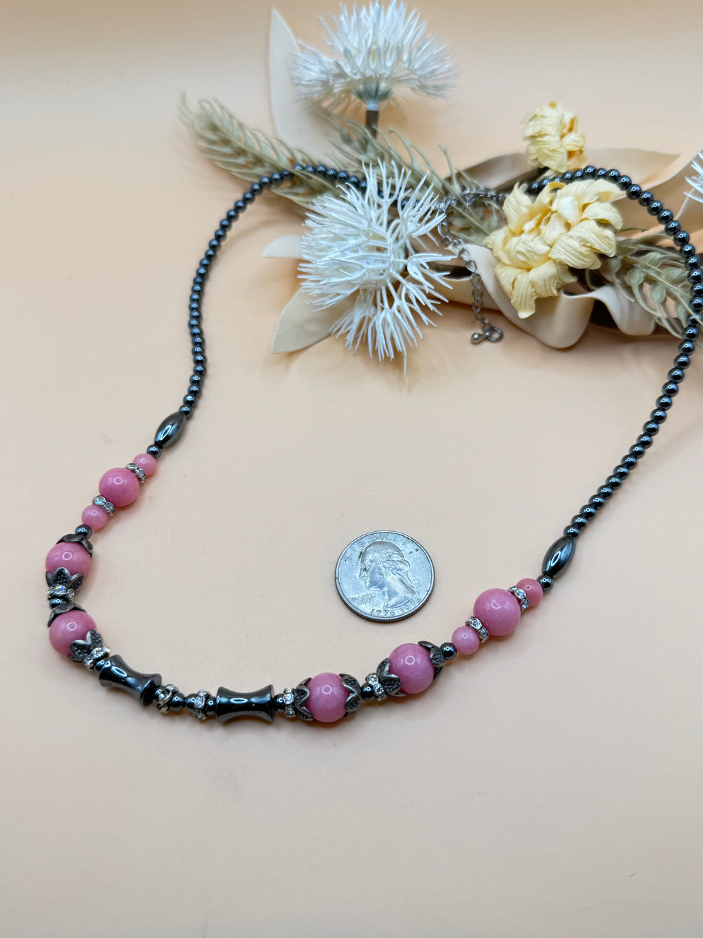 Pink Bead & Hematite Tone Statement Necklace 18 Inch