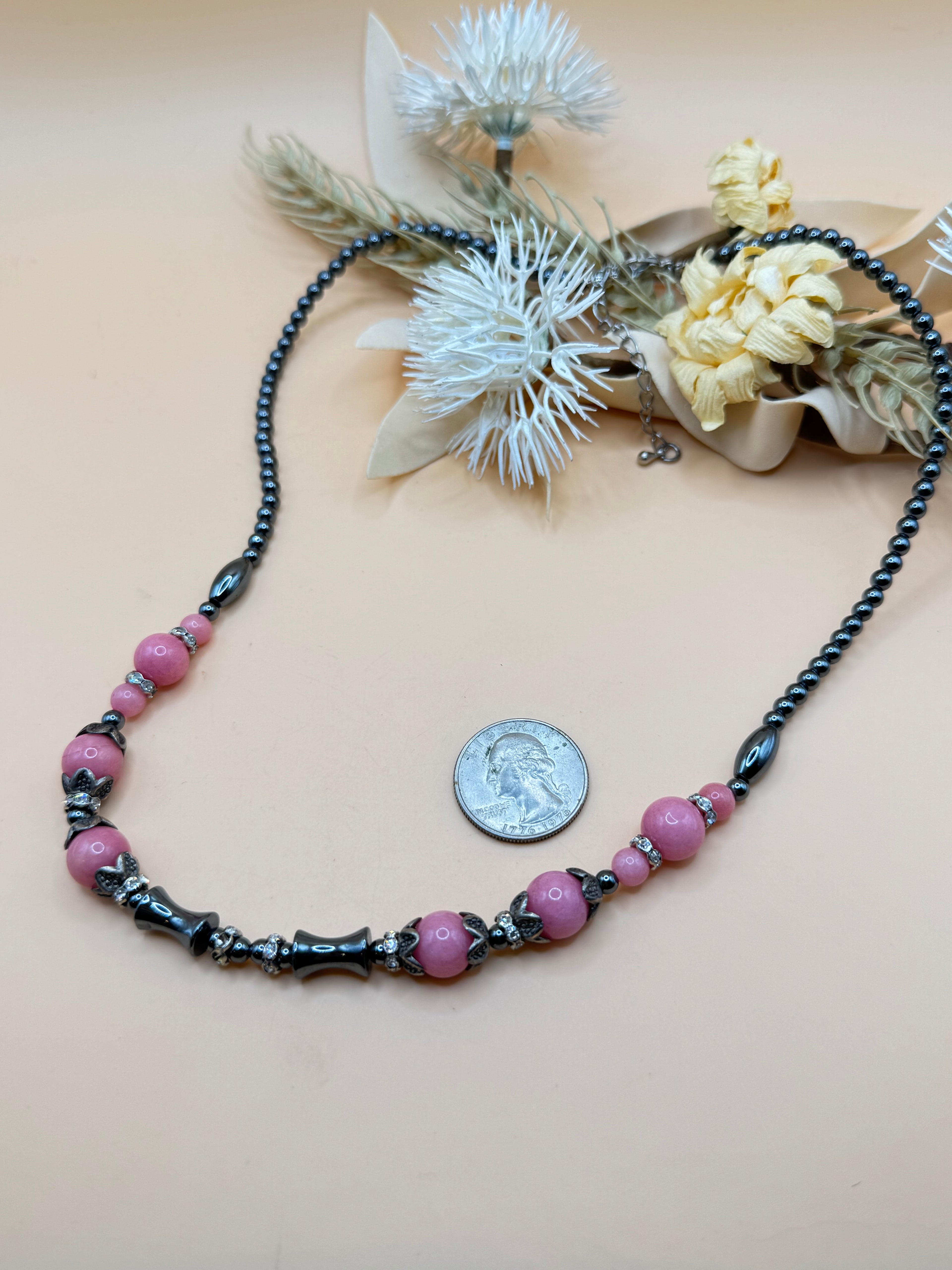 Pink Bead & Hematite Tone Statement Necklace 18 Inch