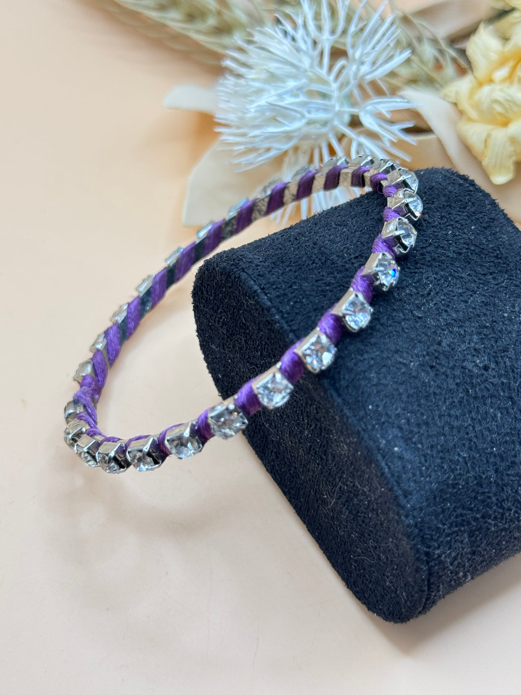 Purple Thread-Wrapped Clear Rhinestone Bangle Bracelet