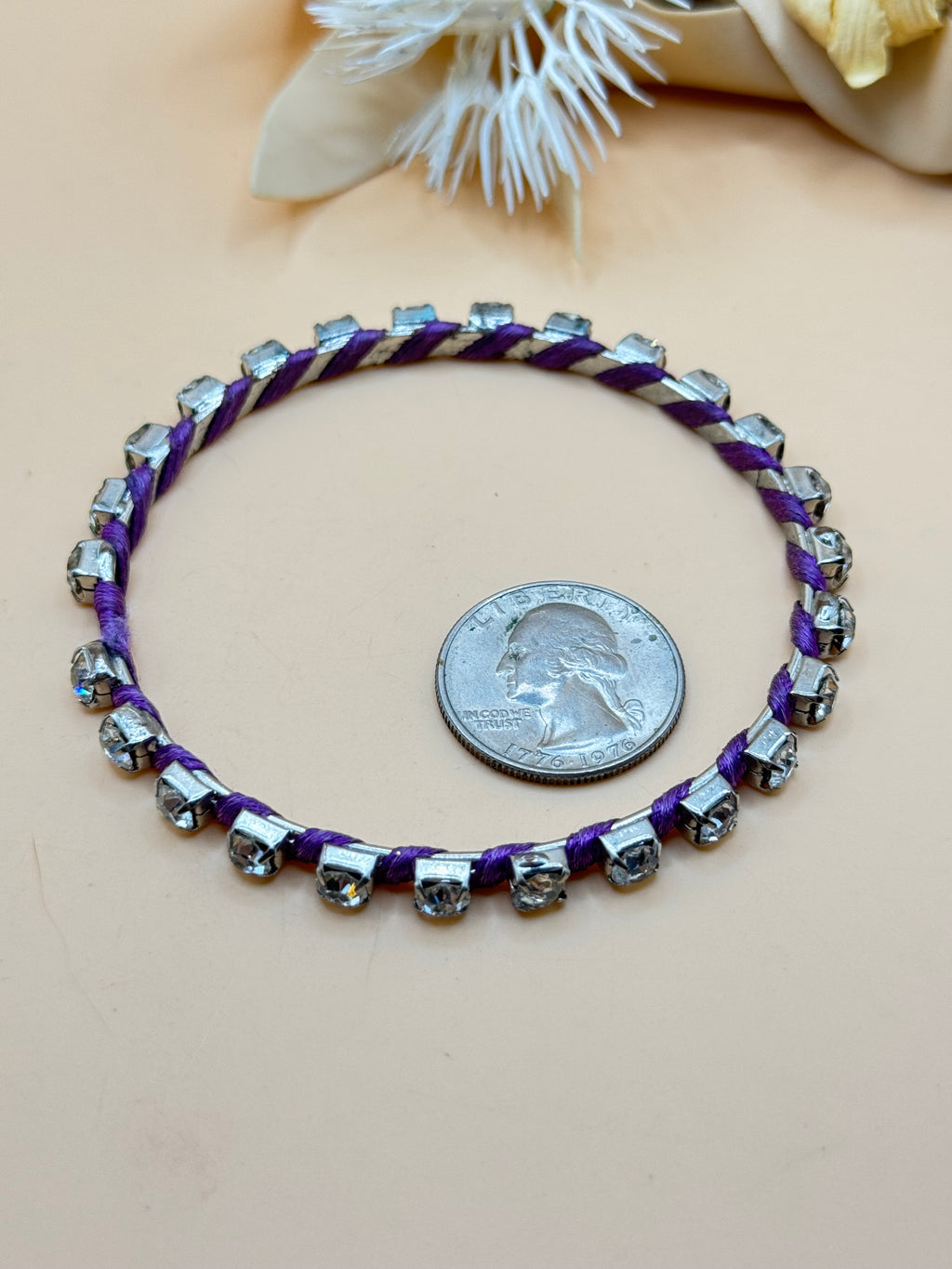 Purple Thread-Wrapped Clear Rhinestone Bangle Bracelet