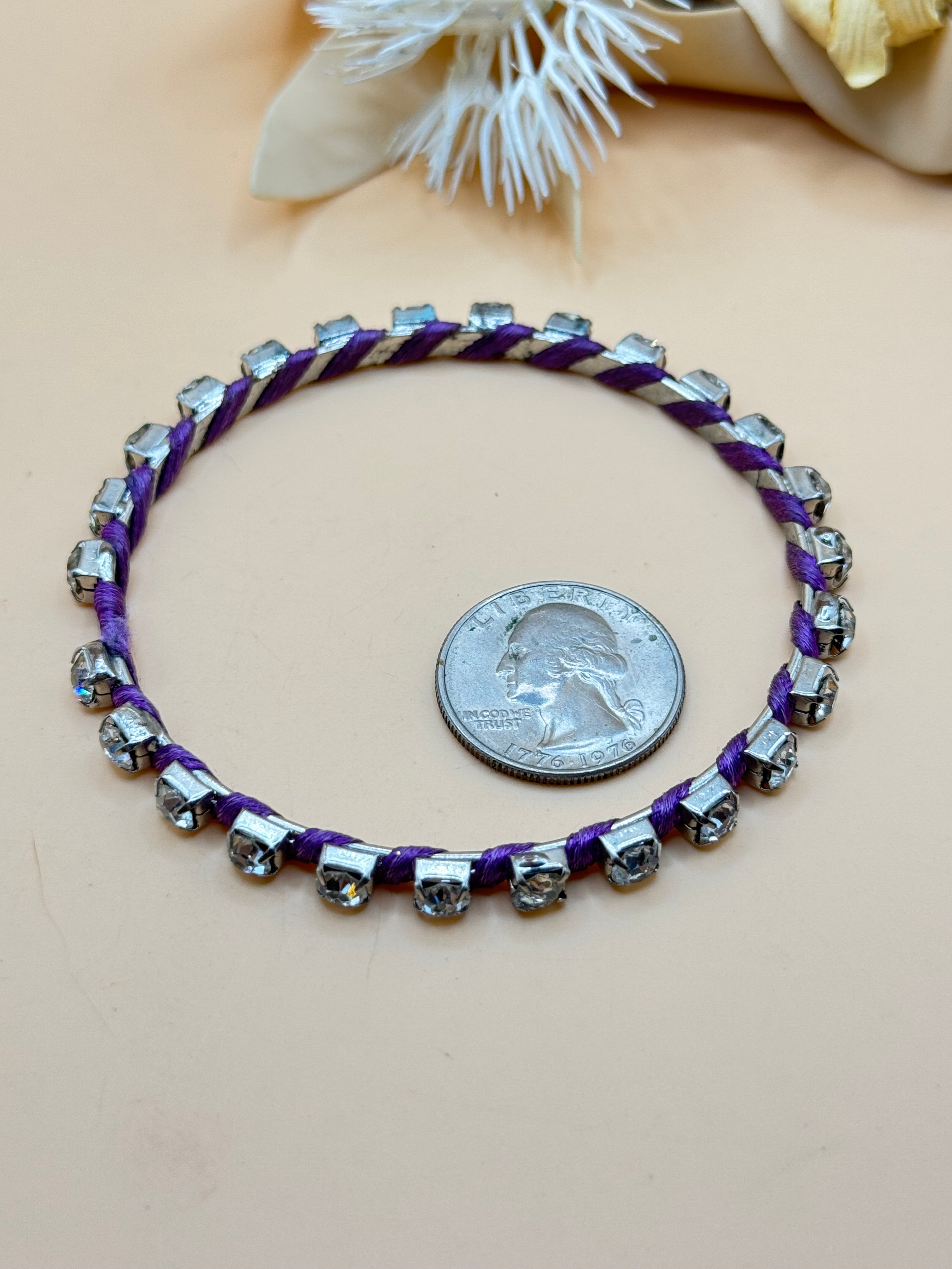 Purple Thread-Wrapped Clear Rhinestone Bangle Bracelet
