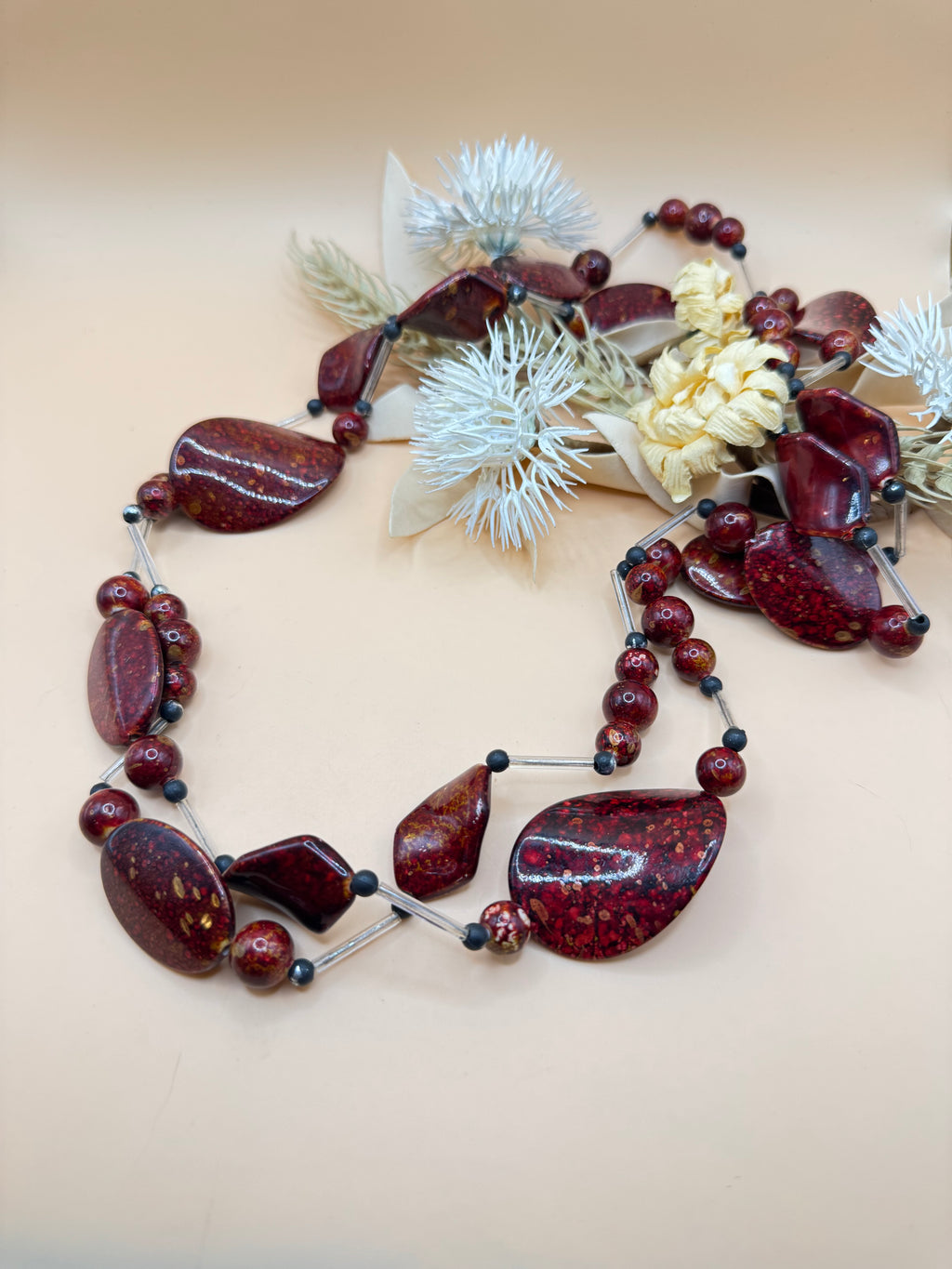 52 Inch Burgundy Red Mixed Bead Long Statement Necklace