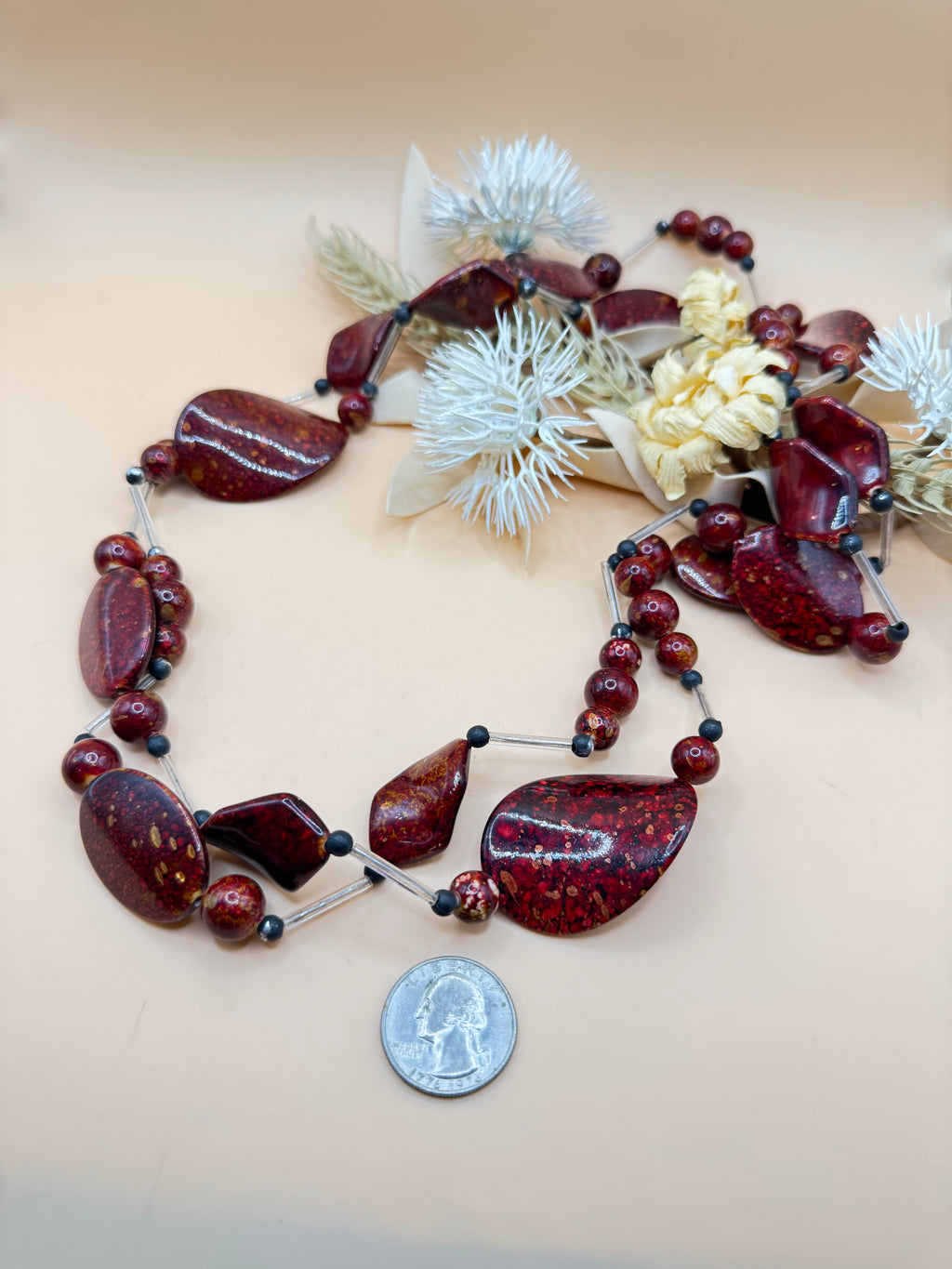 52 Inch Burgundy Red Mixed Bead Long Statement Necklace