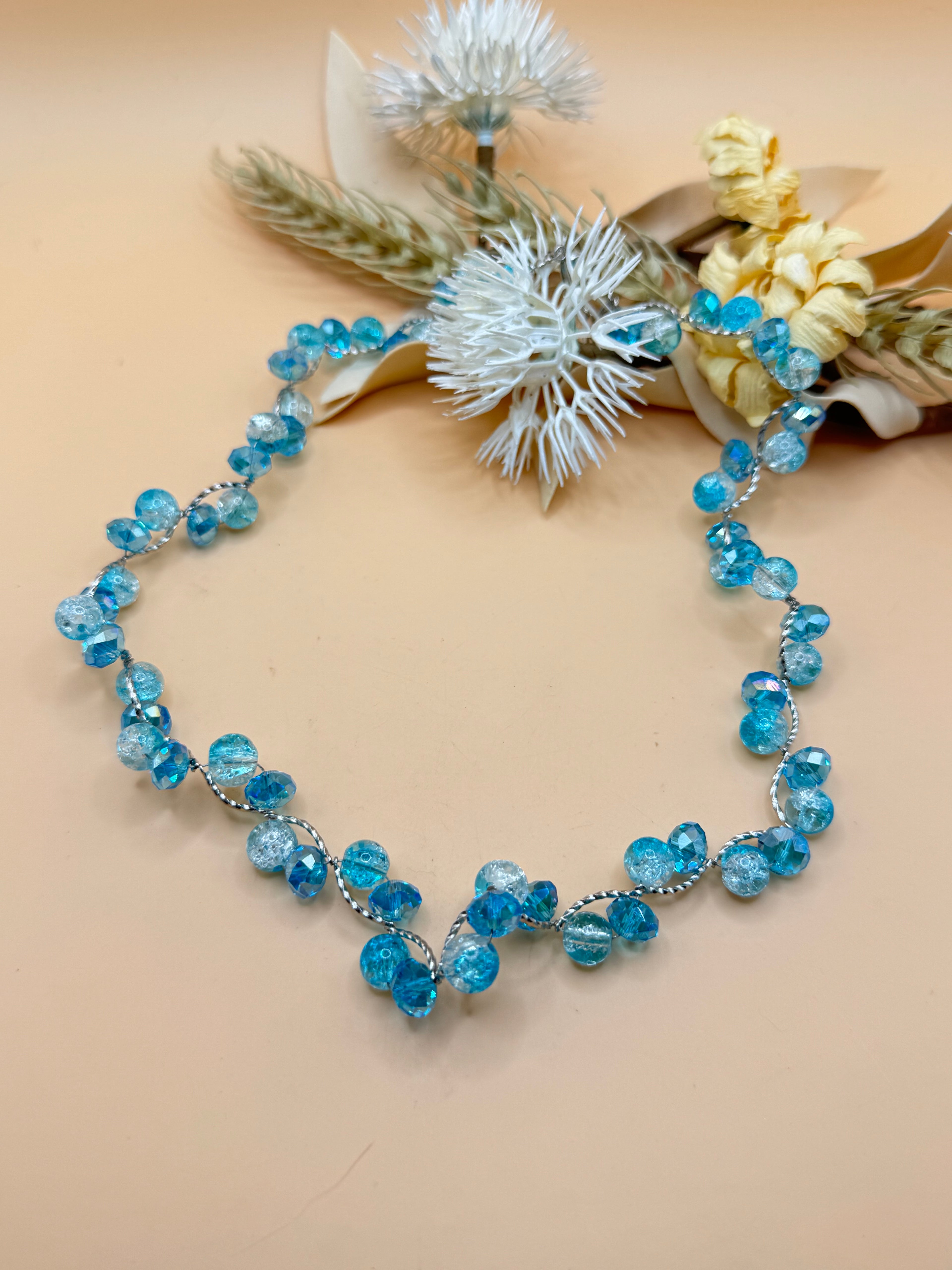 16 Inch Aqua Blue and Clear Beaded Silver Tone Twist Necklace
