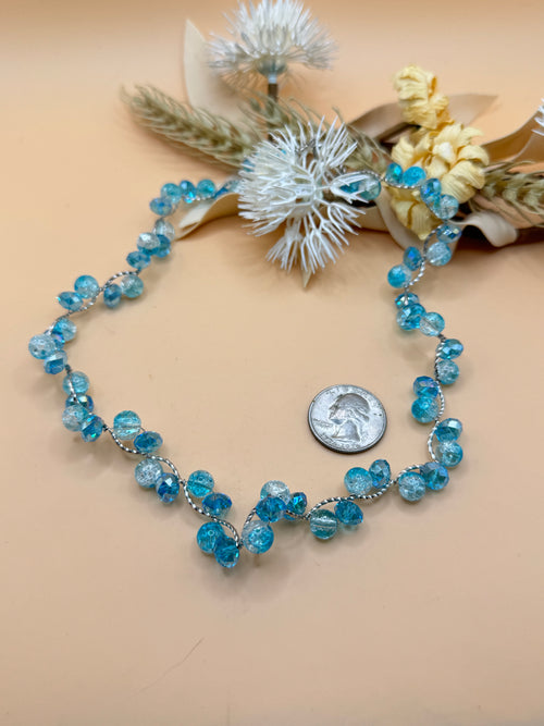 16 Inch Aqua Blue and Clear Beaded Silver Tone Twist Necklace