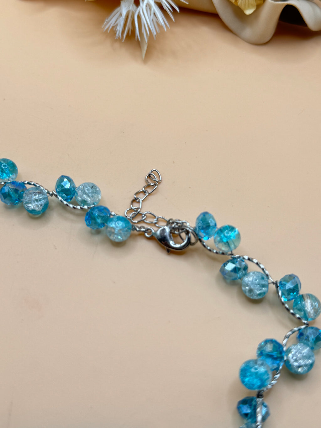 16 Inch Aqua Blue and Clear Beaded Silver Tone Twist Necklace
