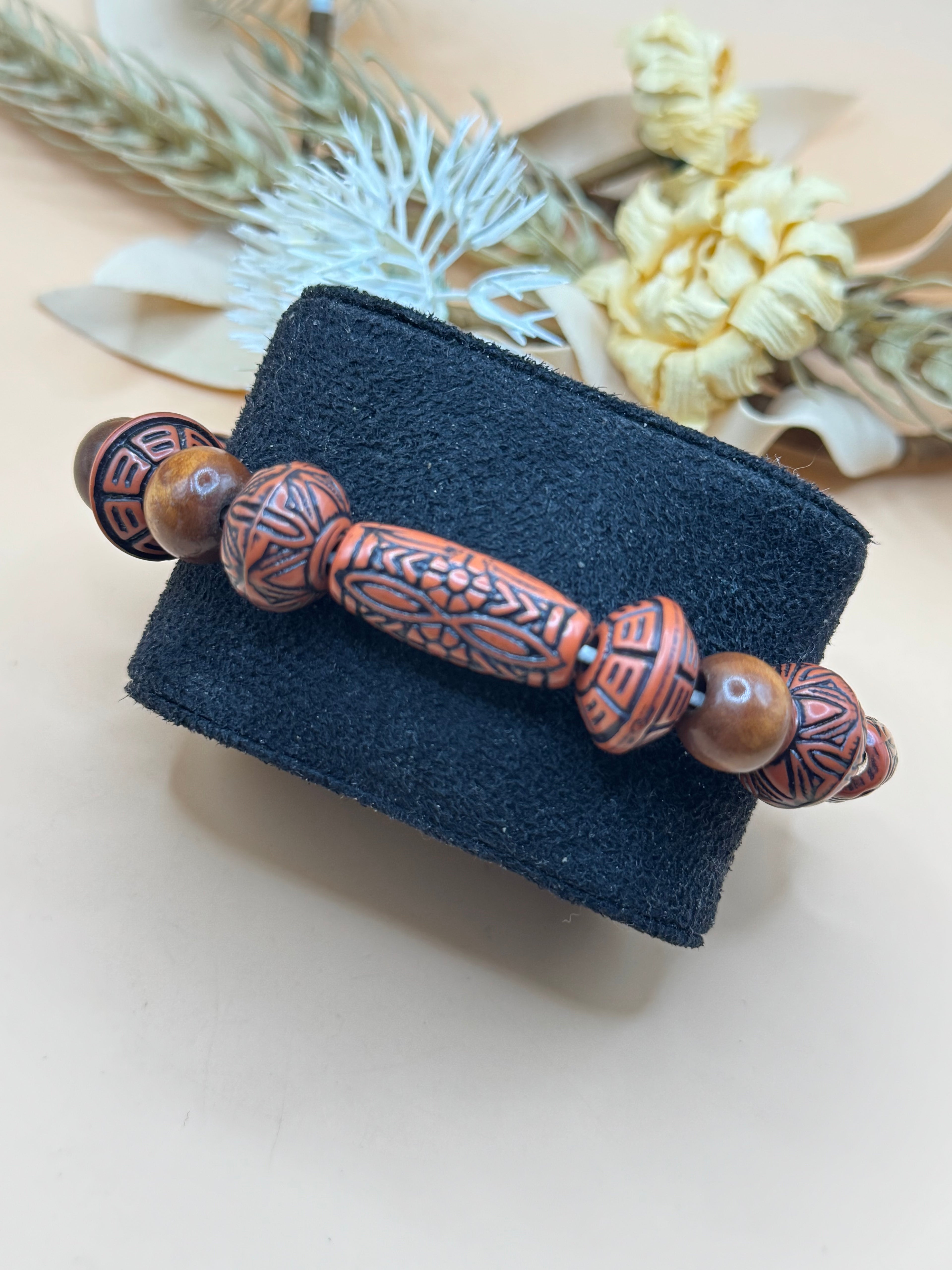 Brown Tribal Pattern Mixed Bead Stretch Bracelet