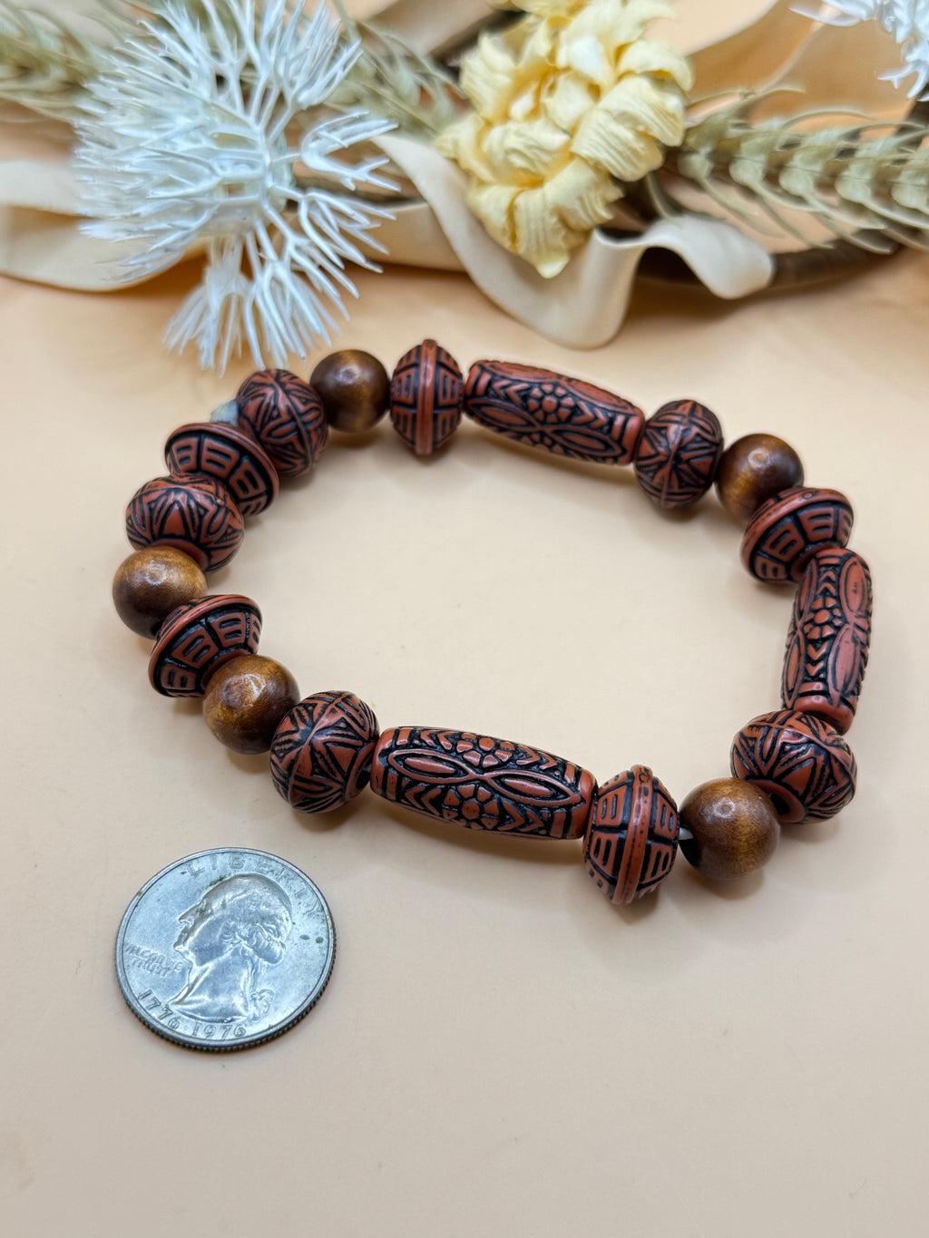 Brown Tribal Pattern Mixed Bead Stretch Bracelet