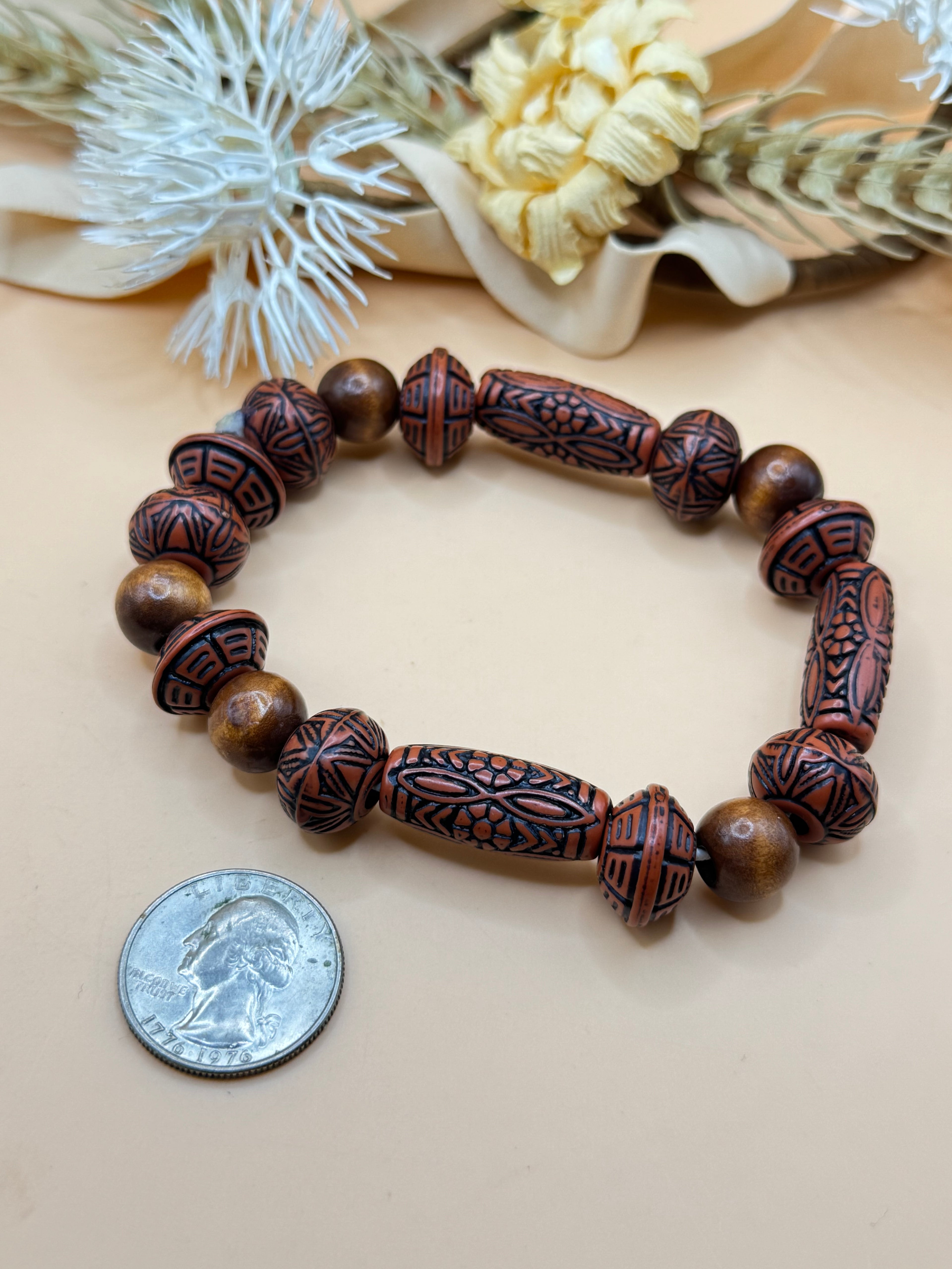 Brown Tribal Pattern Mixed Bead Stretch Bracelet
