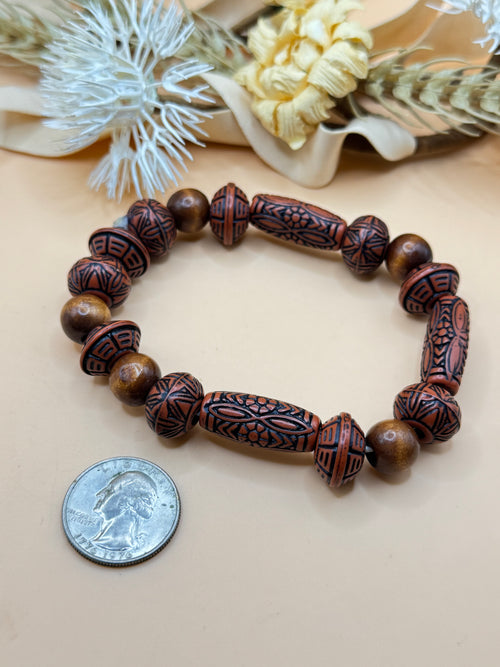 Brown Tribal Pattern Mixed Bead Stretch Bracelet