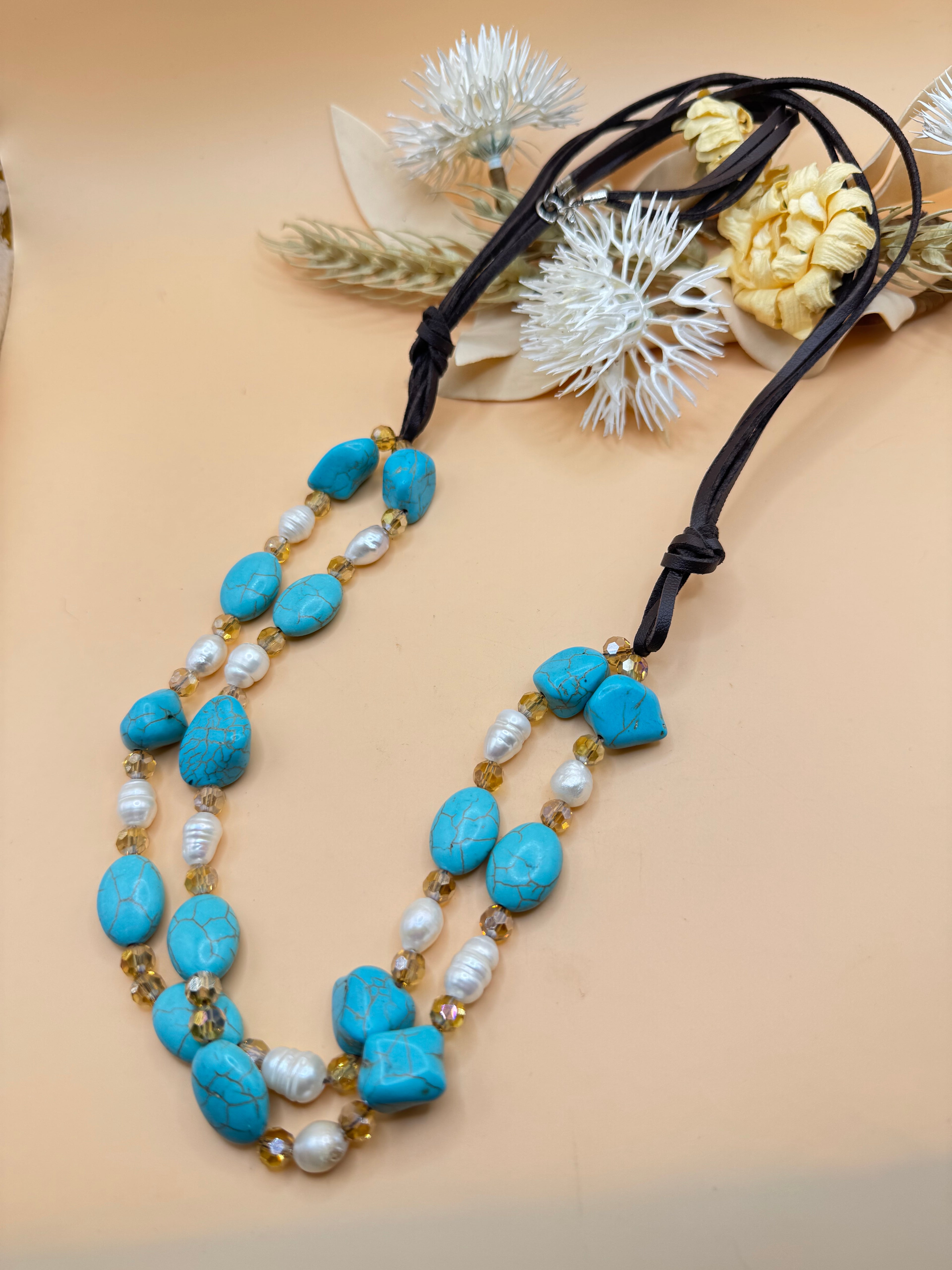 30 Inch Turquoise, Pearl & Crystal Multi Strand Statement Necklace