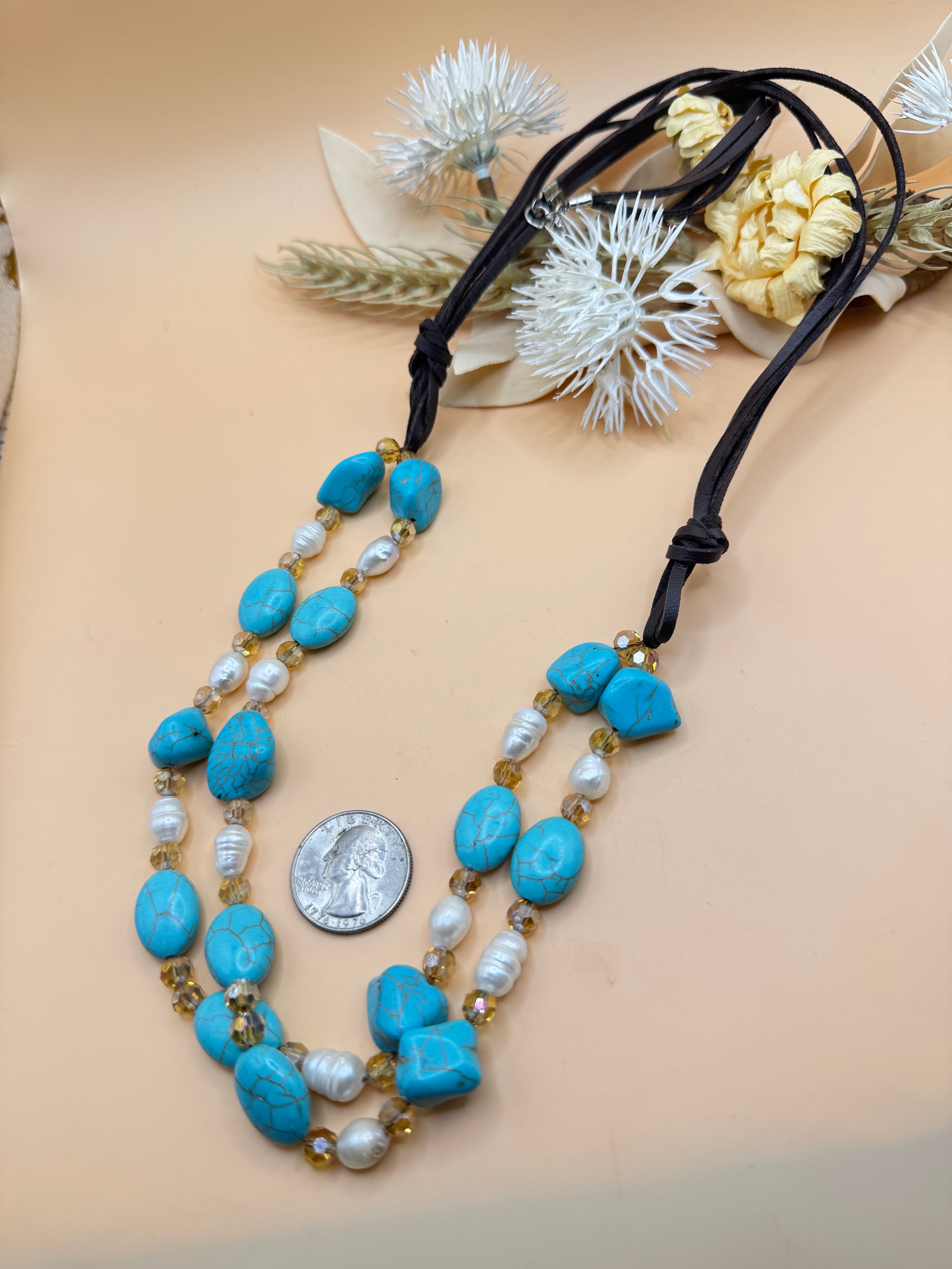 30 Inch Turquoise, Pearl & Crystal Multi Strand Statement Necklace
