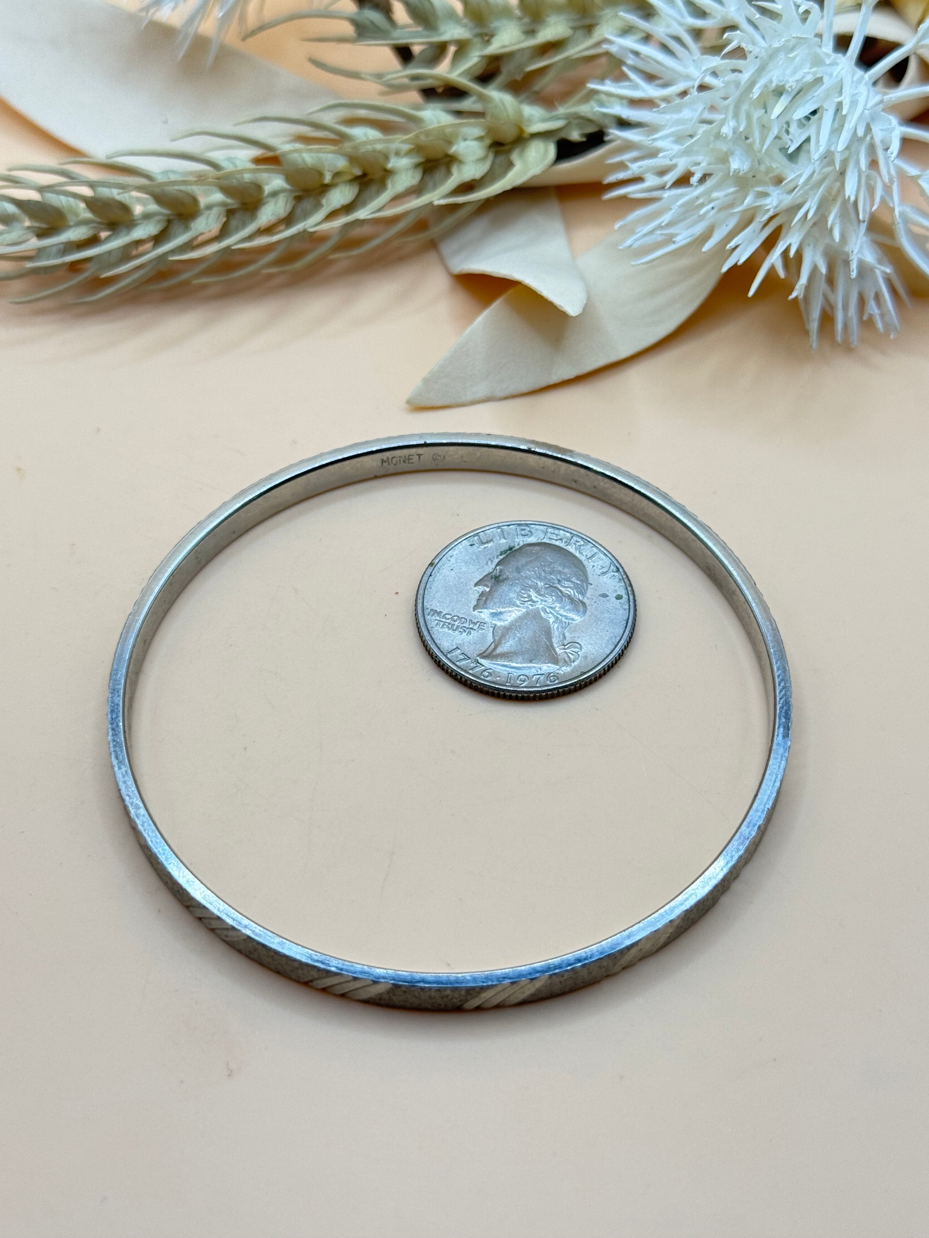 Vintage Monet Silver Tone Etched Bangle Bracelet