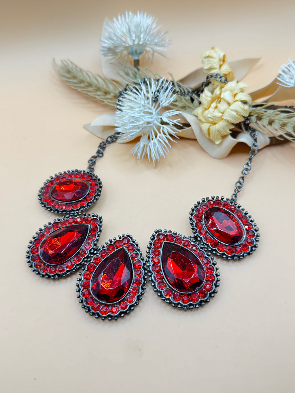 Red Faceted Teardrop Statement Bib Necklace Gunmetal Tone 16”