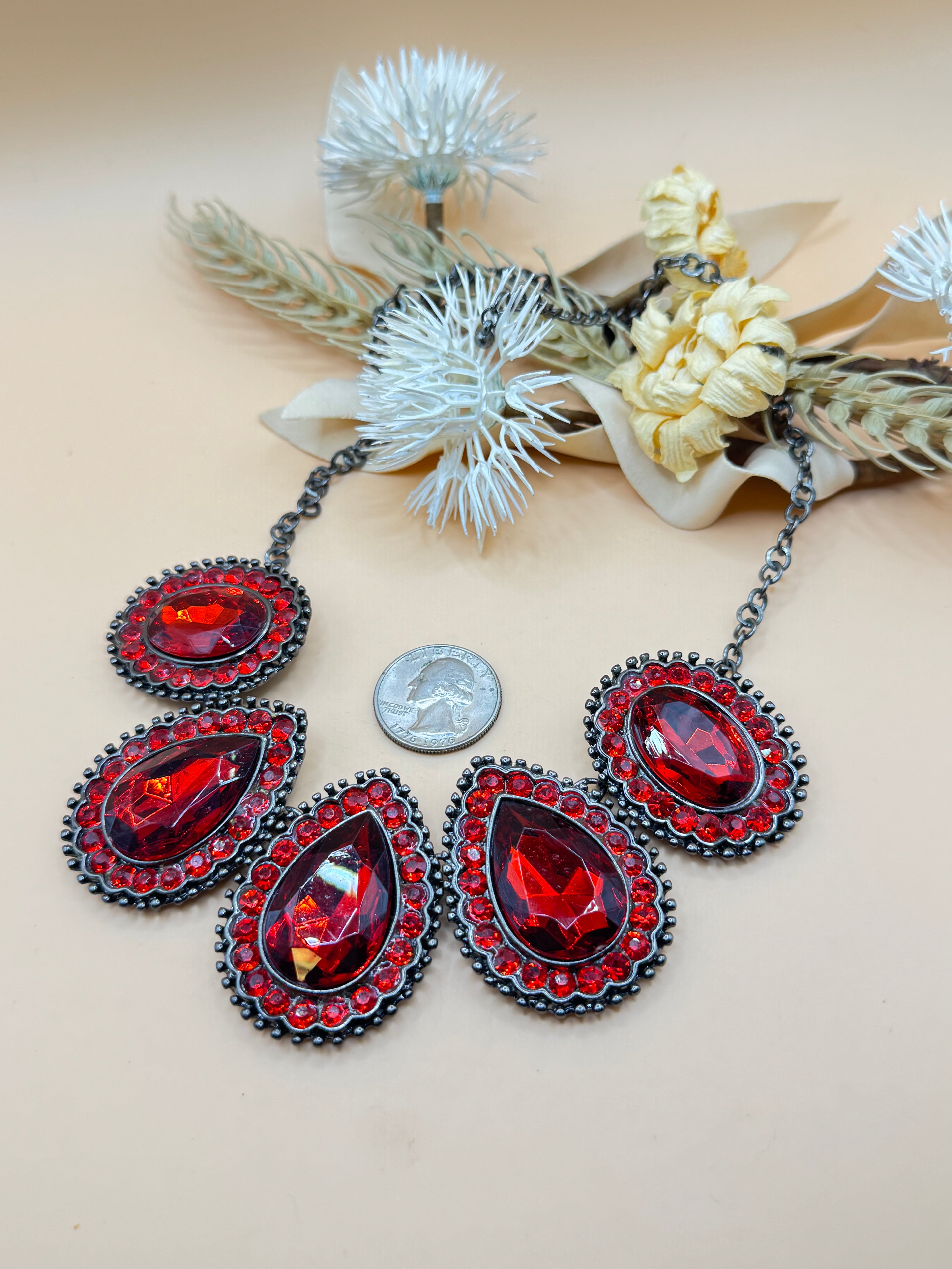 Red Faceted Teardrop Statement Bib Necklace Gunmetal Tone 16”