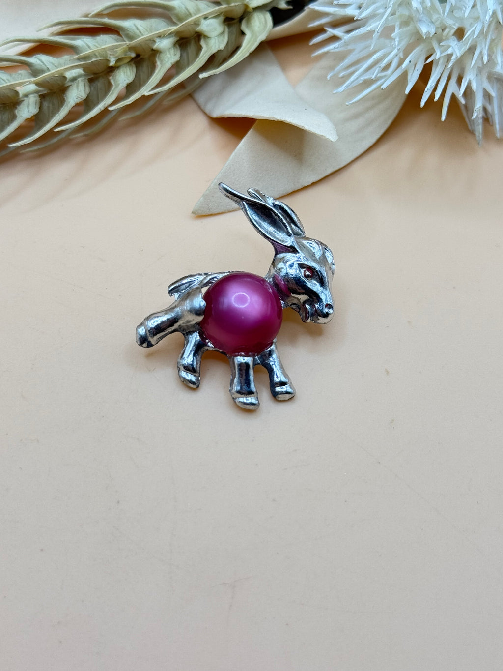 Silver Tone Donkey Brooch with Pink Faux Pearl Accent