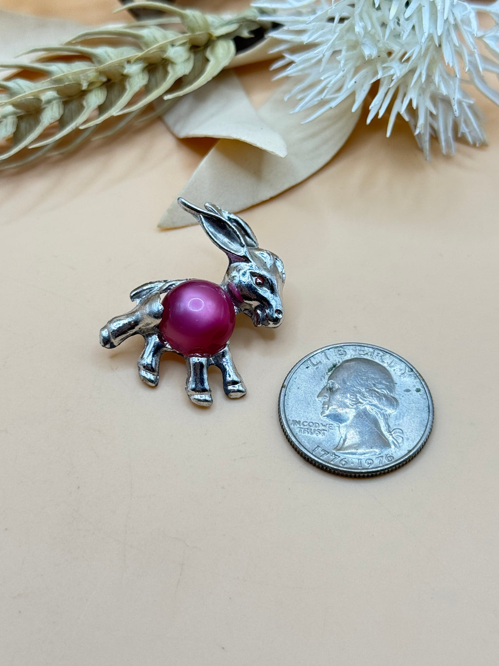 Silver Tone Donkey Brooch with Pink Faux Pearl Accent