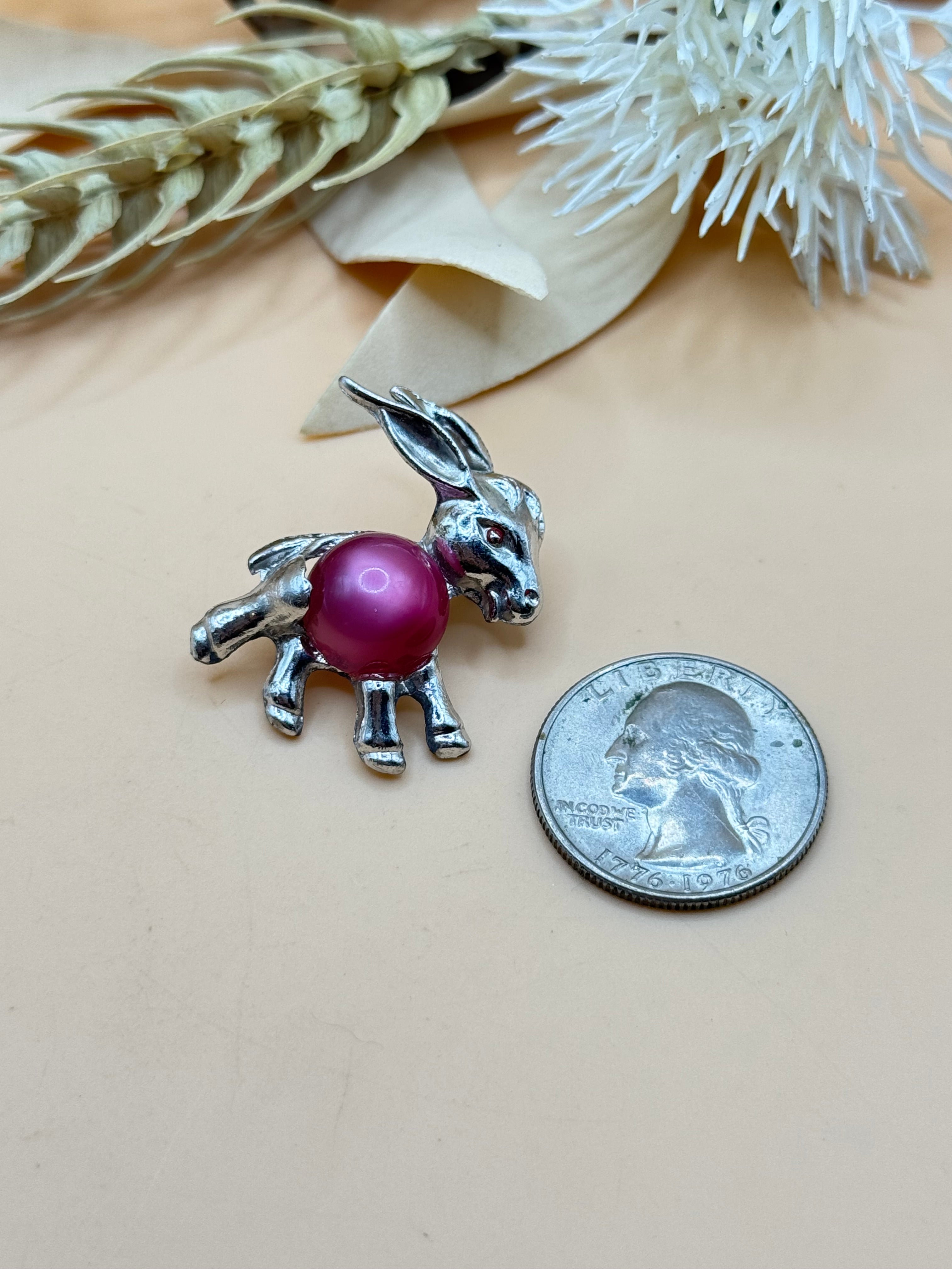 Silver Tone Donkey Brooch with Pink Faux Pearl Accent