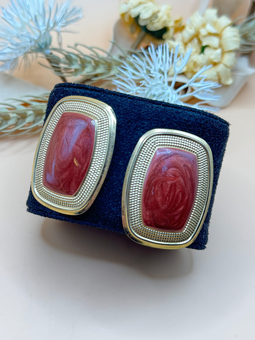 Vintage Red Marbled Gold Tone Rectangular Statement Earrings