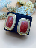 Vintage Red Marbled Gold Tone Rectangular Statement Earrings