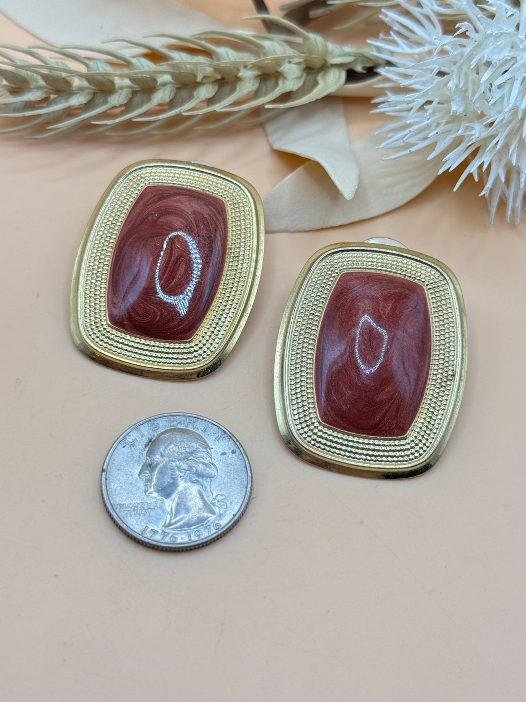 Vintage Red Marbled Gold Tone Rectangular Statement Earrings
