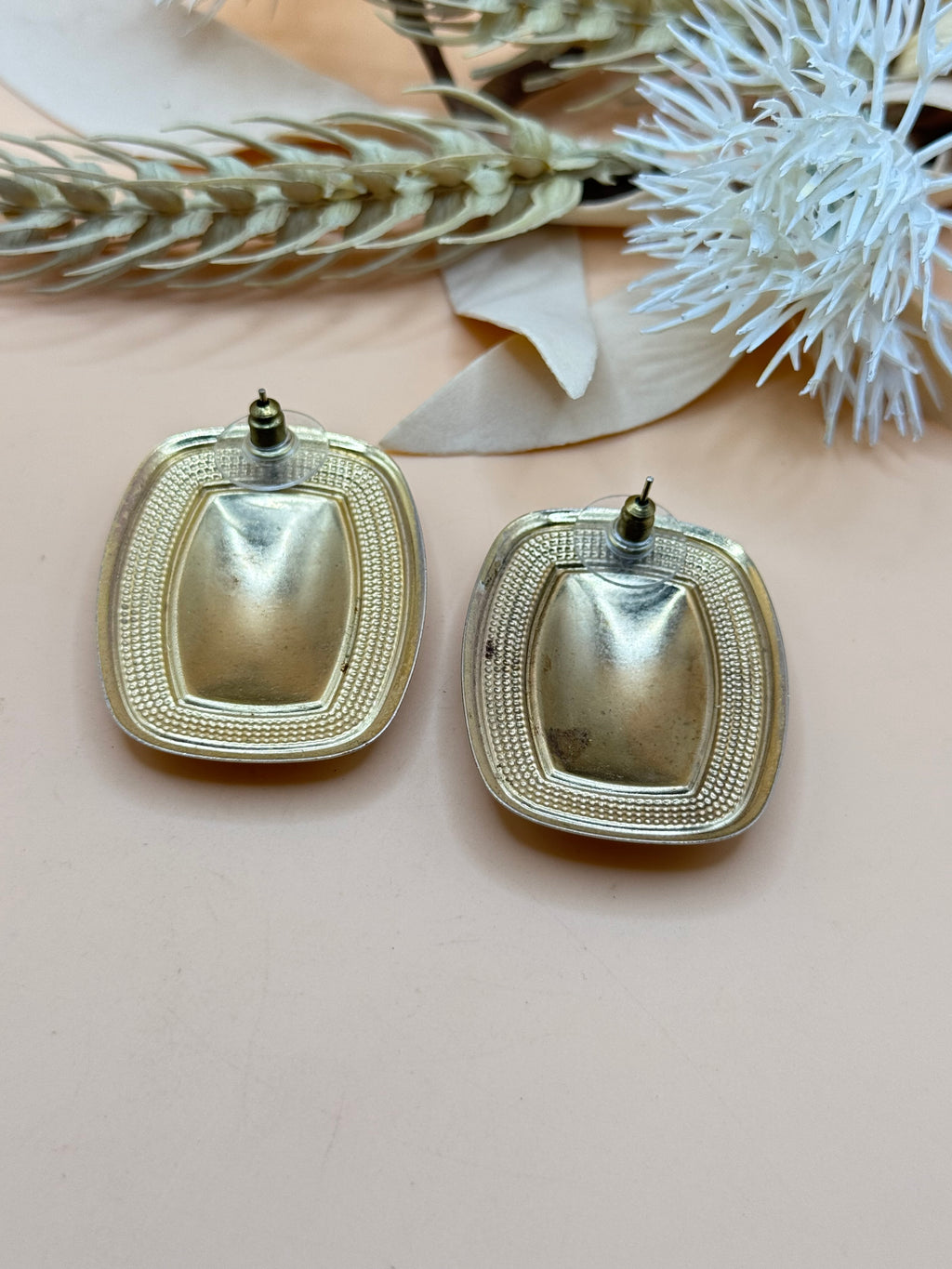 Vintage Red Marbled Gold Tone Rectangular Statement Earrings