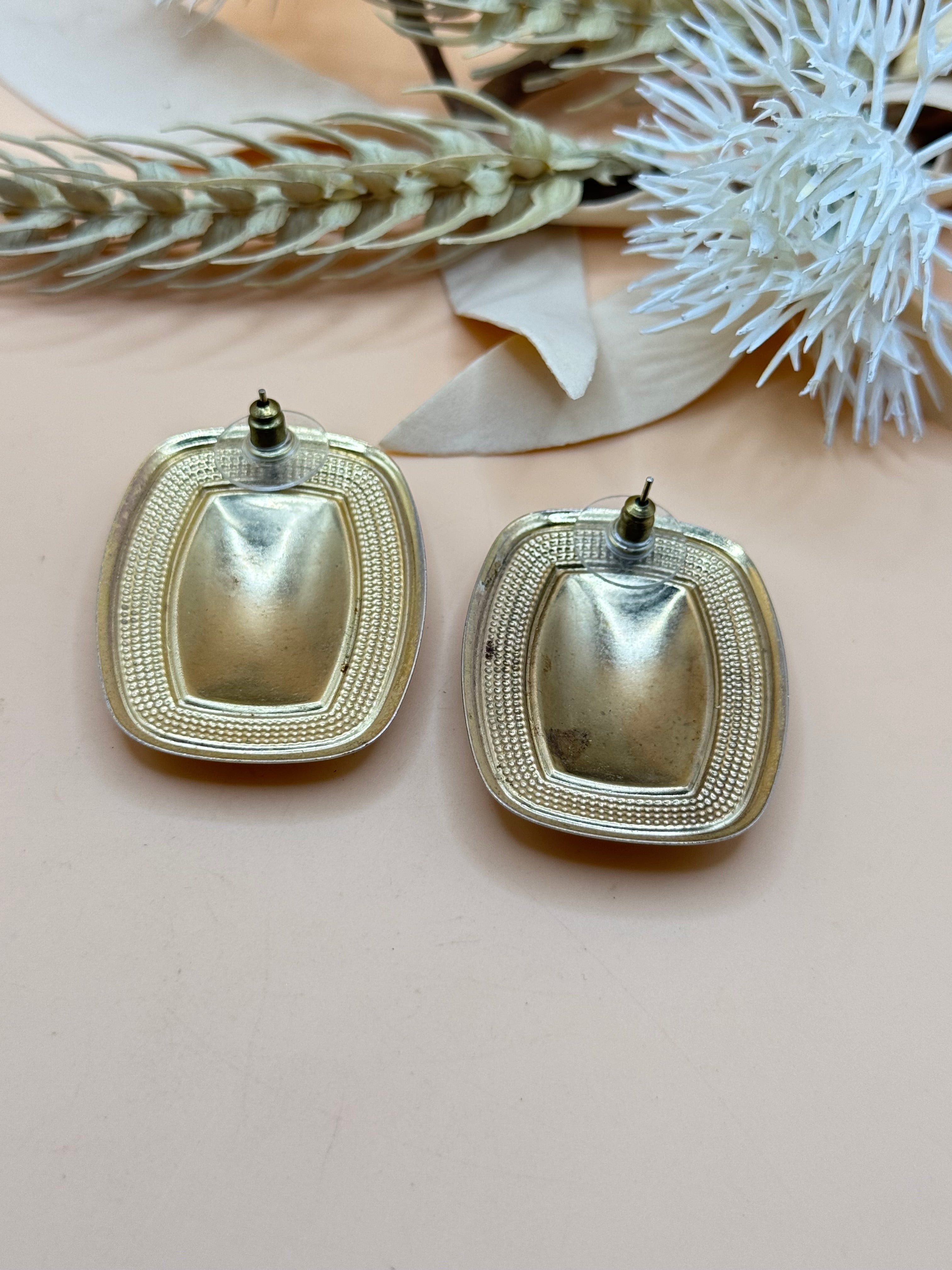 Vintage Red Marbled Gold Tone Rectangular Statement Earrings