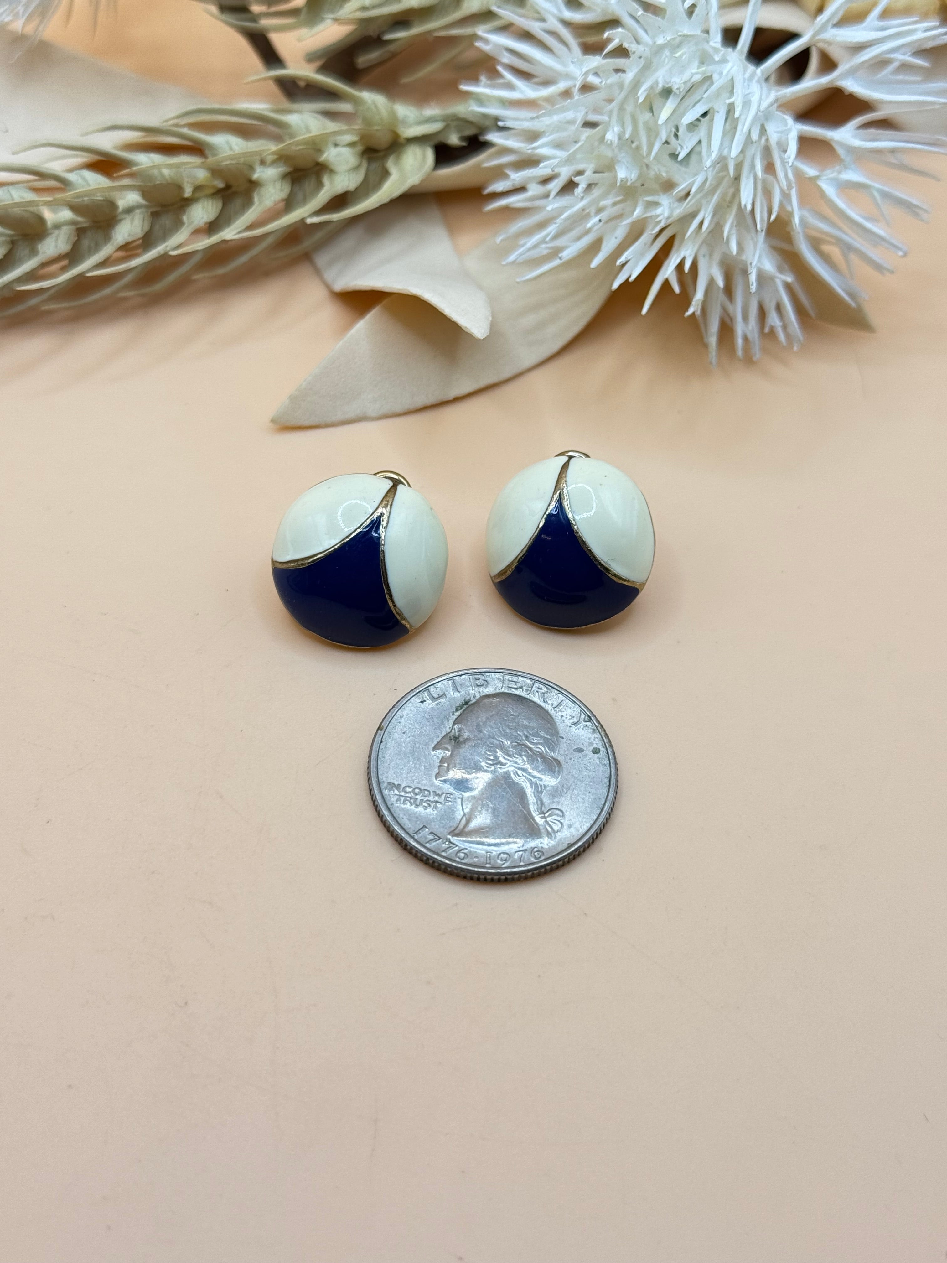 Navy Blue & White Enamel Gold Tone Oval Earrings