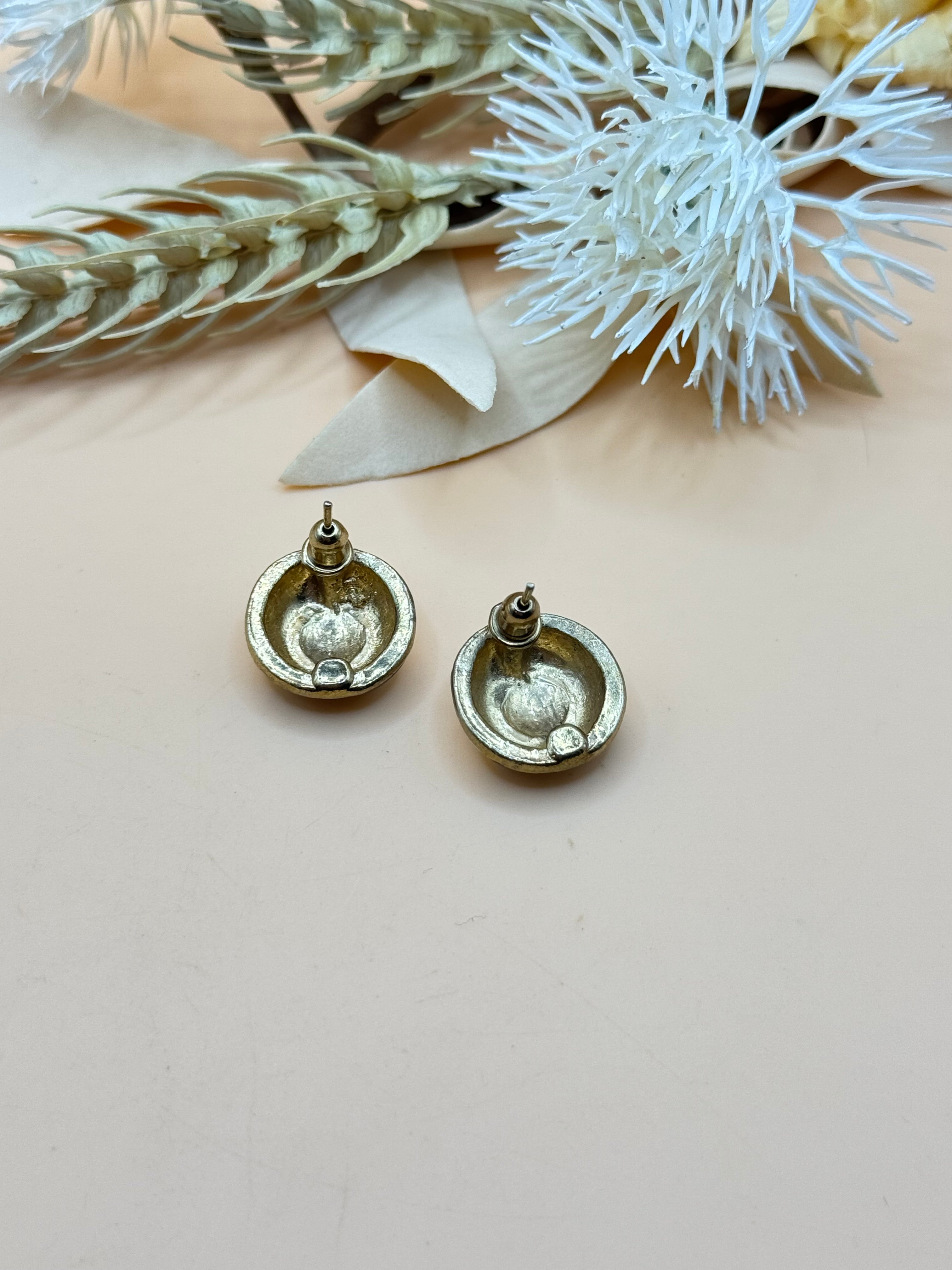 Navy Blue & White Enamel Gold Tone Oval Earrings