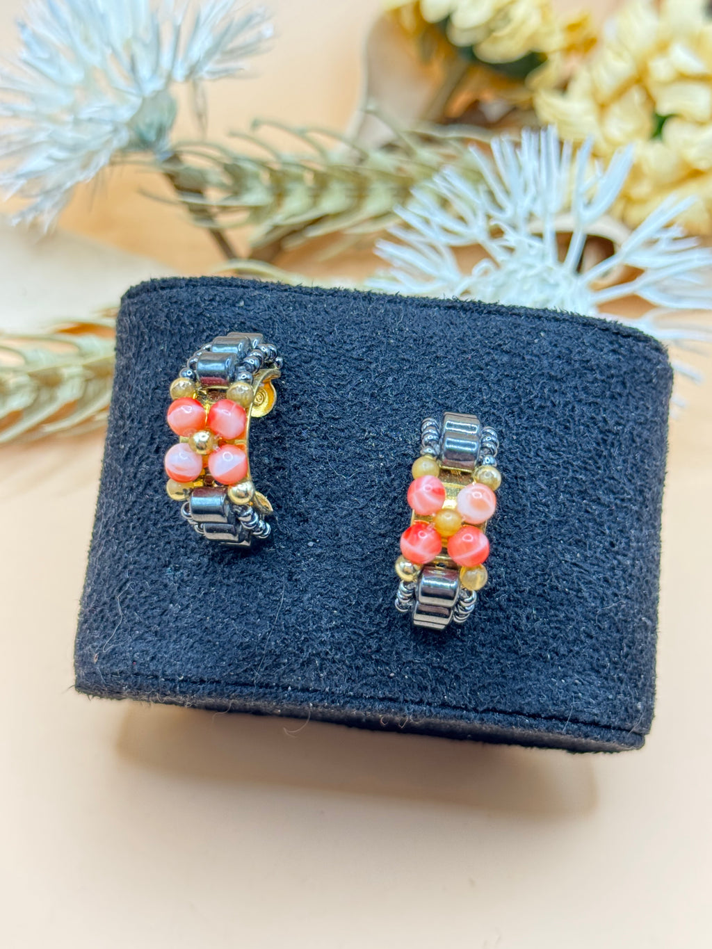 Pink Beaded Mixed Metal Hoop Earrings