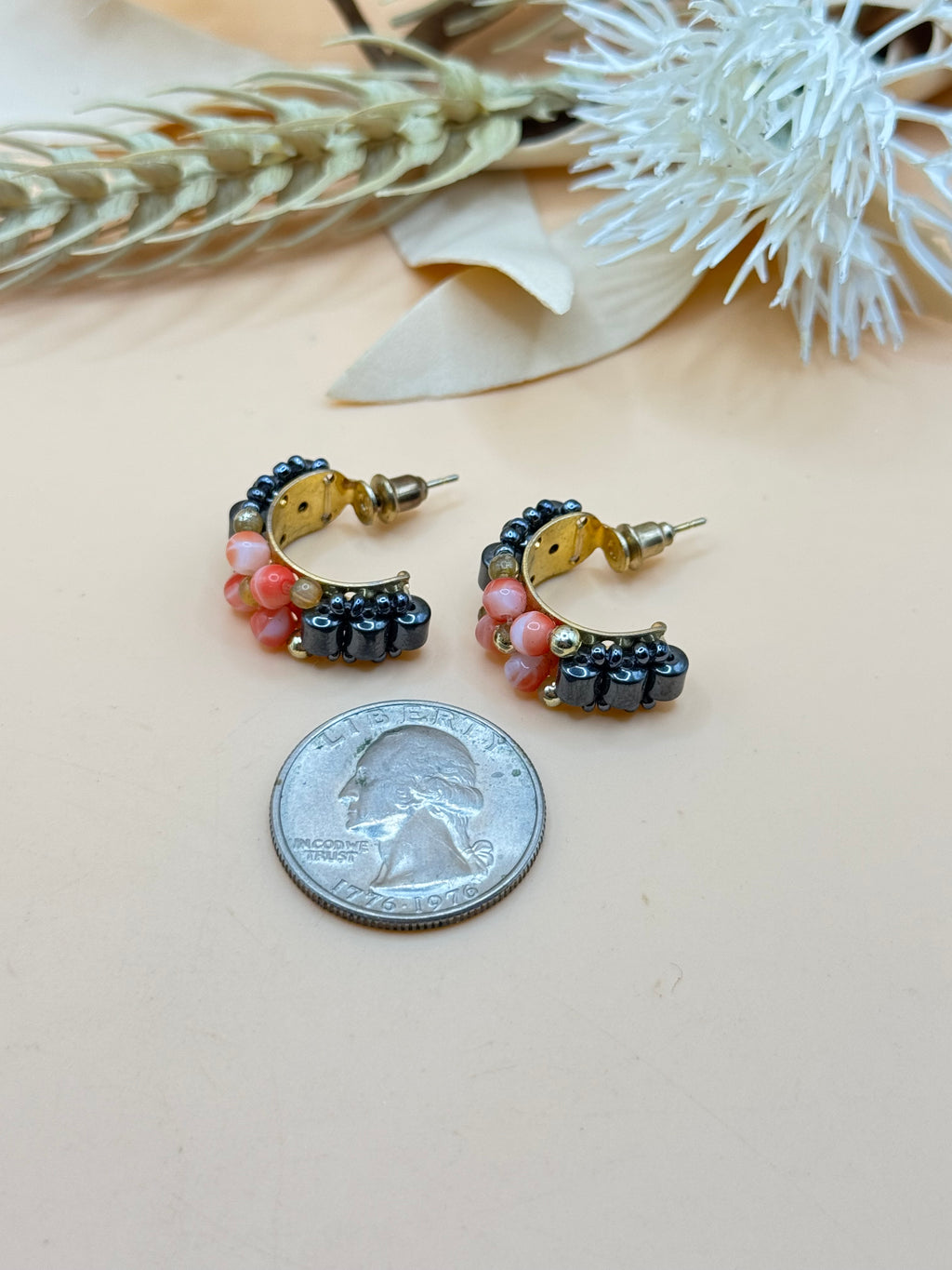 Pink Beaded Mixed Metal Hoop Earrings