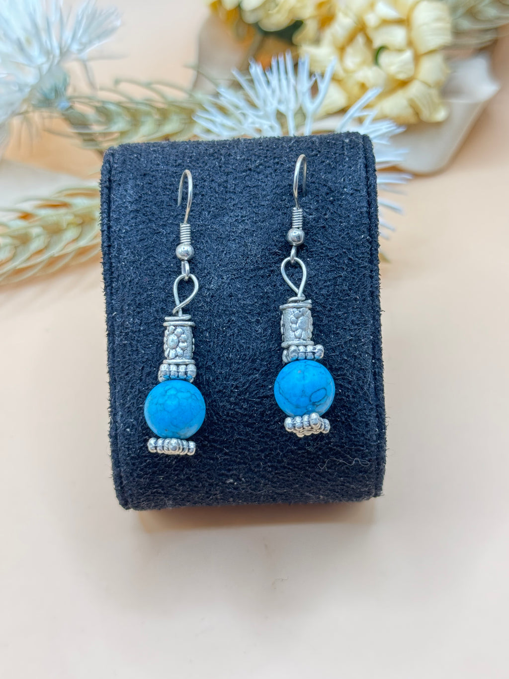 Turquoise Blue Bead Silver Tone Dangle Earrings