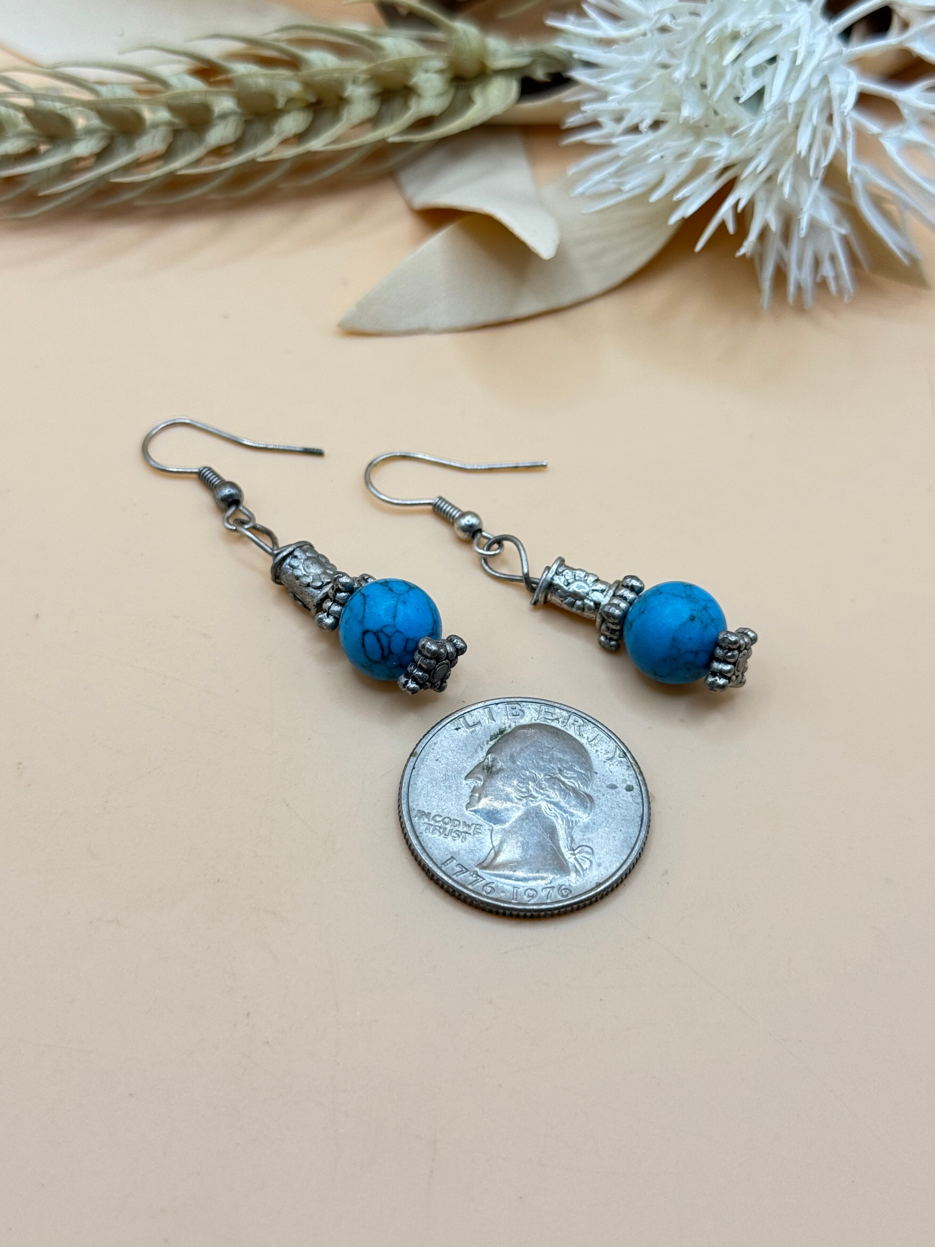 Turquoise Blue Bead Silver Tone Dangle Earrings