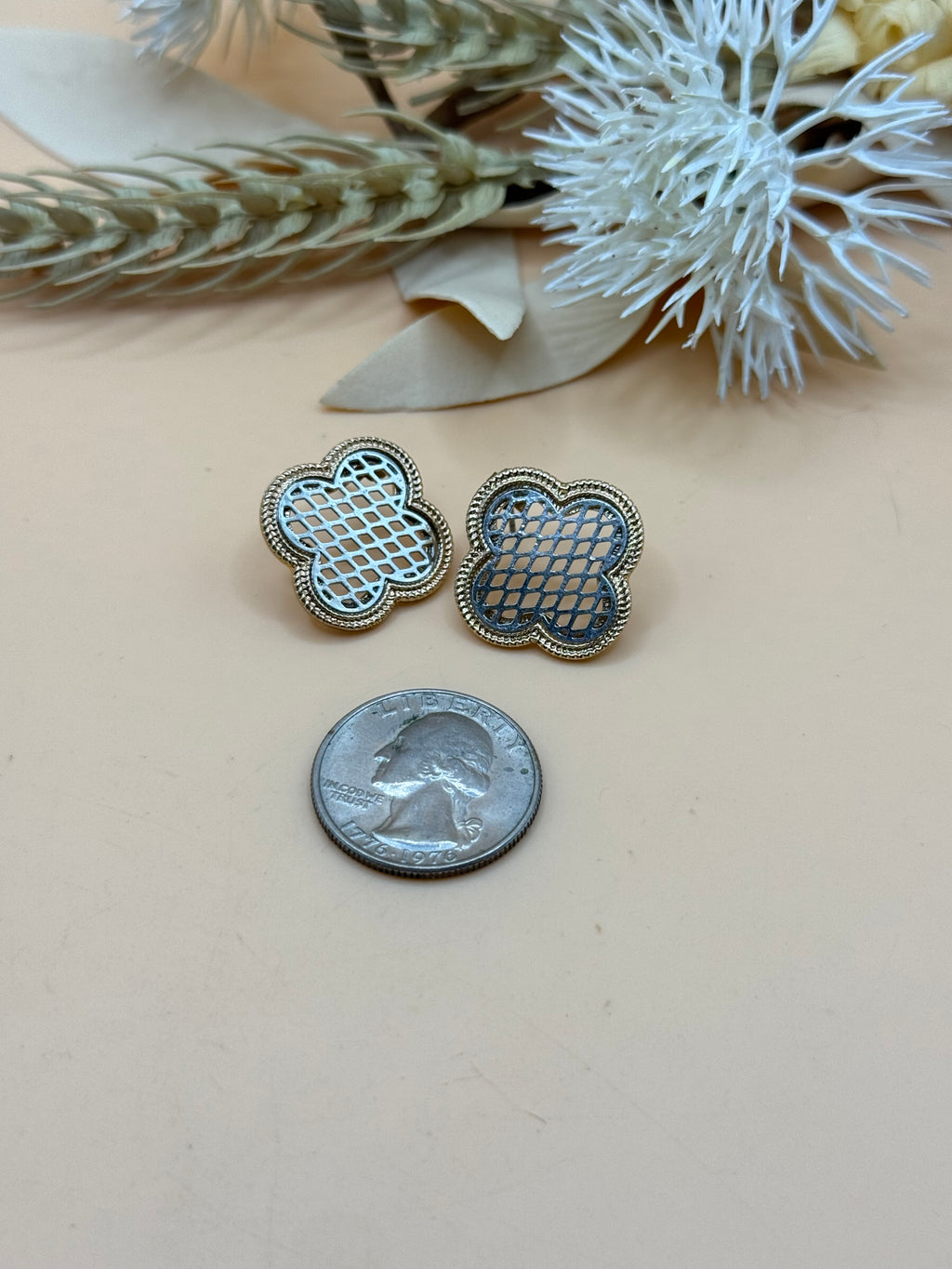 Gold Tone & Silver Tone Quatrefoil Lattice Stud Earrings