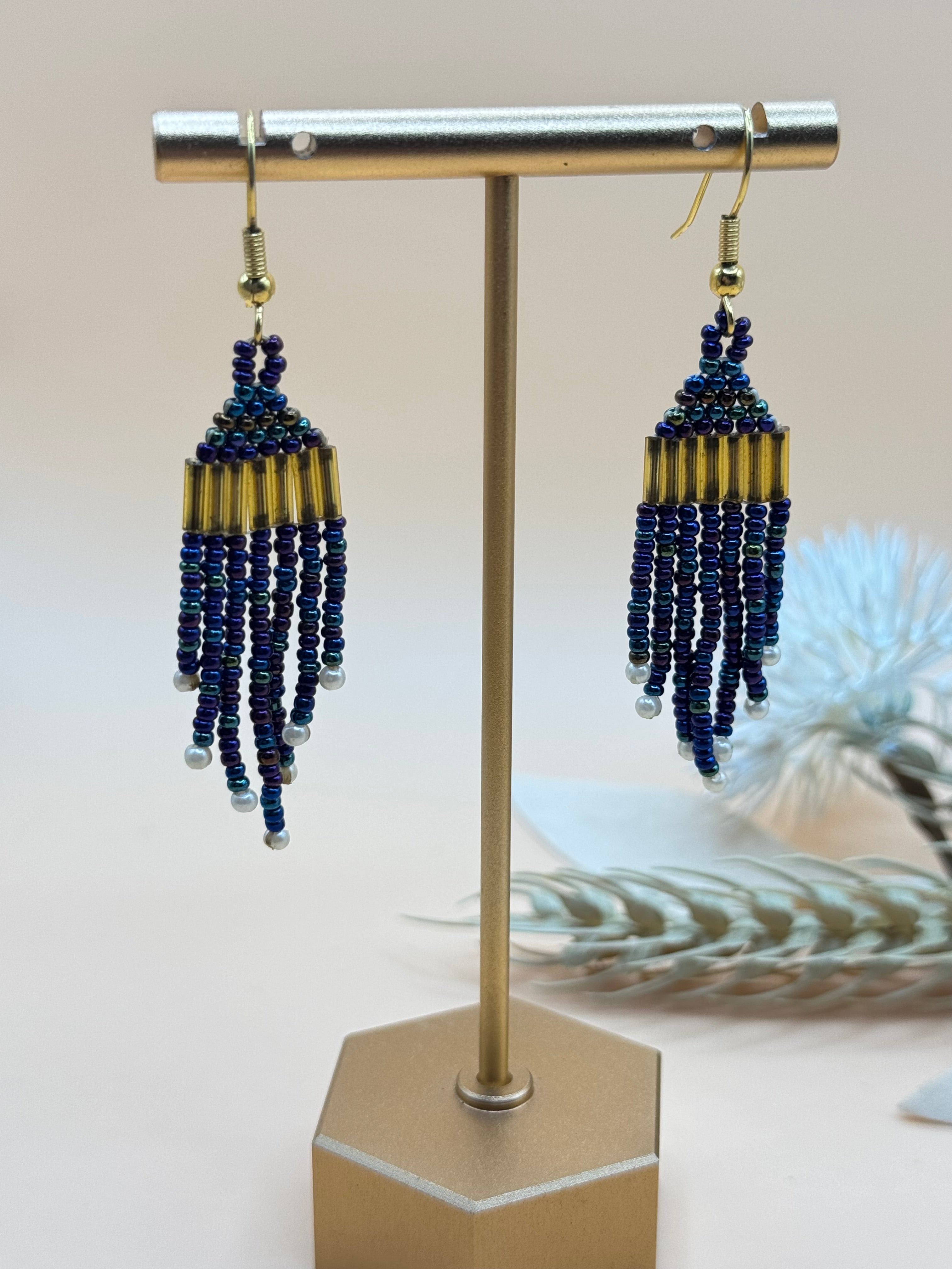 Purple and Blue Seed Bead Fringe Dangle Earrings