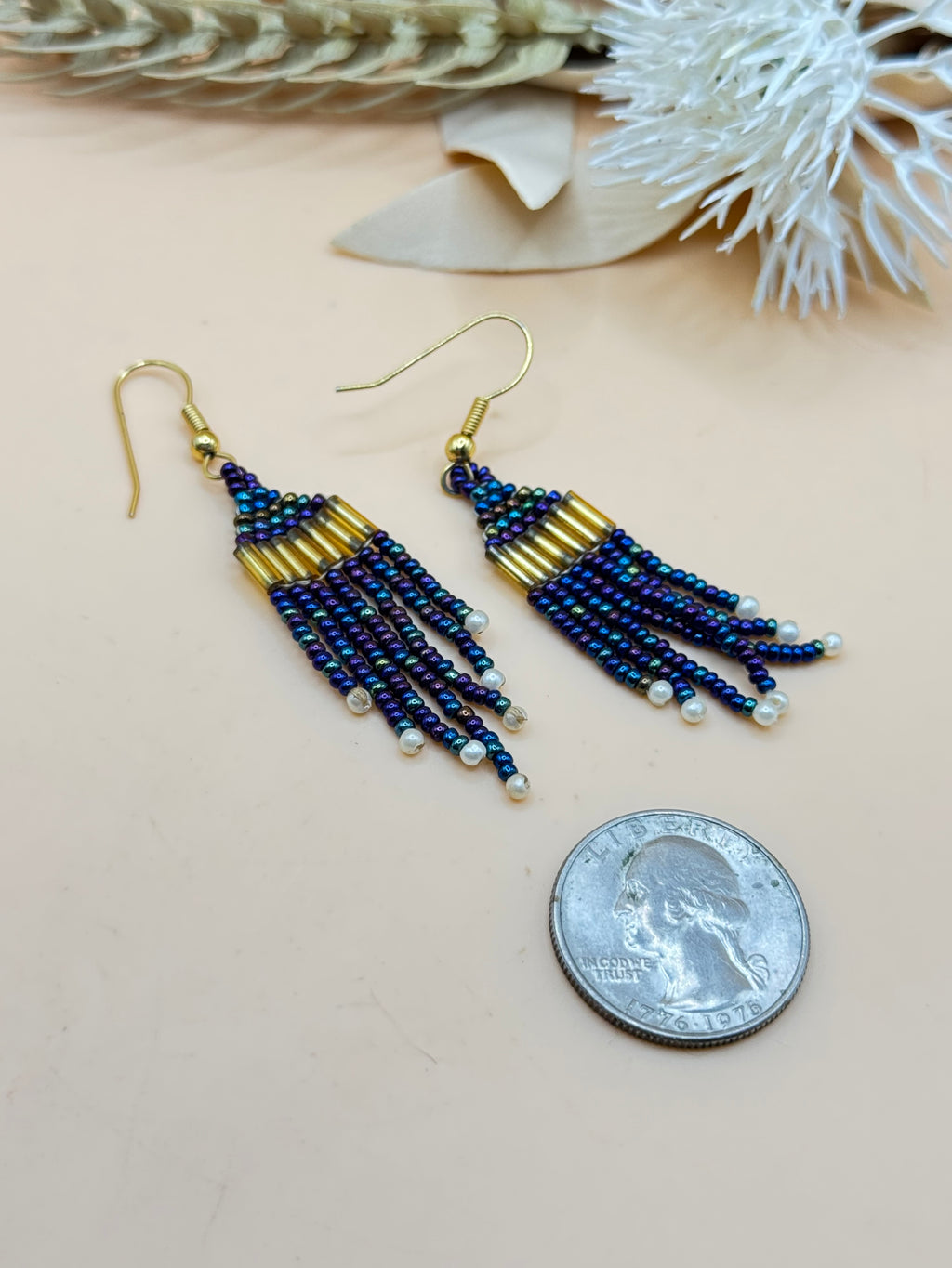 Purple and Blue Seed Bead Fringe Dangle Earrings