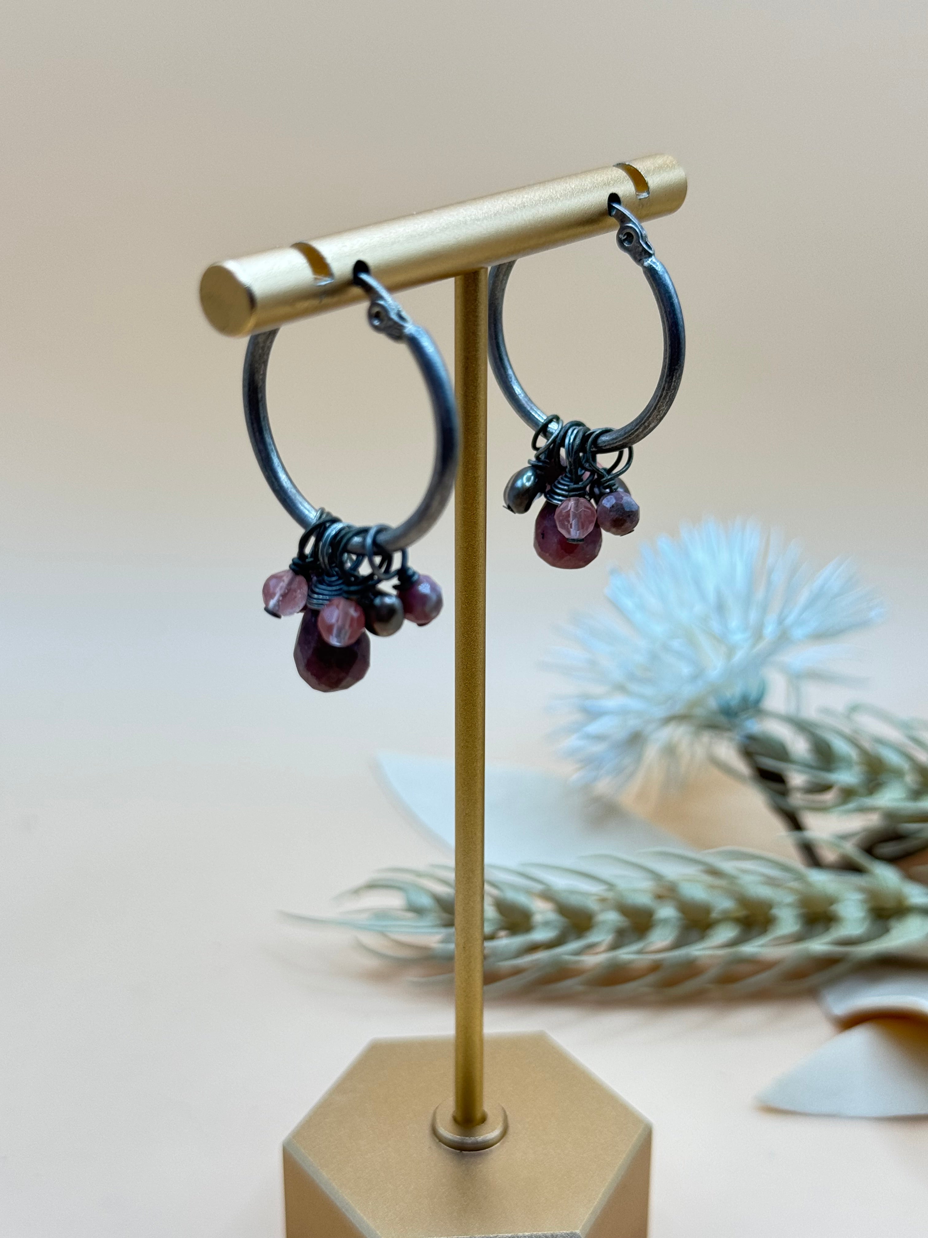 Silver Tone Pink Bead Cluster Hoop Earrings