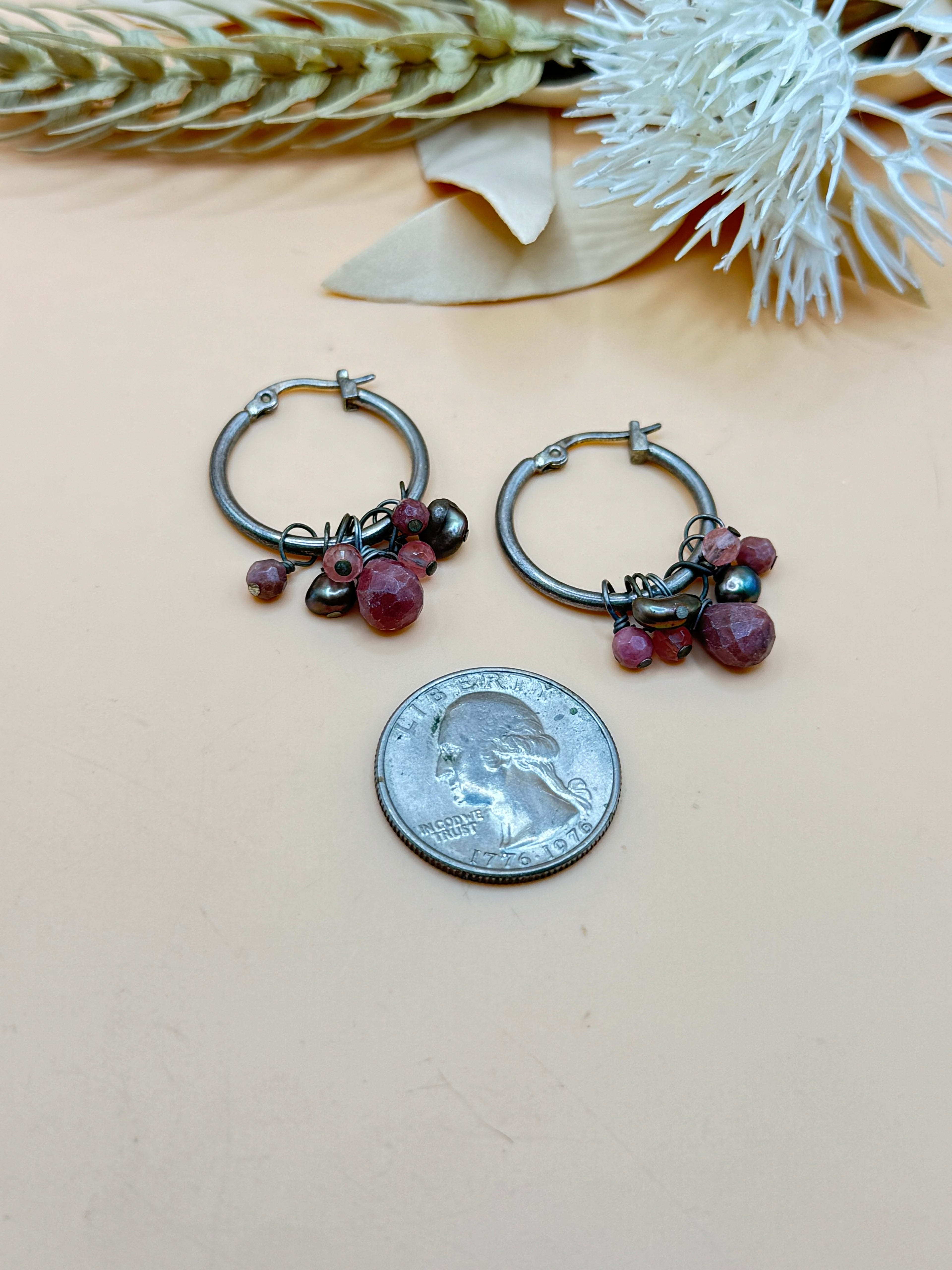 Silver Tone Pink Bead Cluster Hoop Earrings