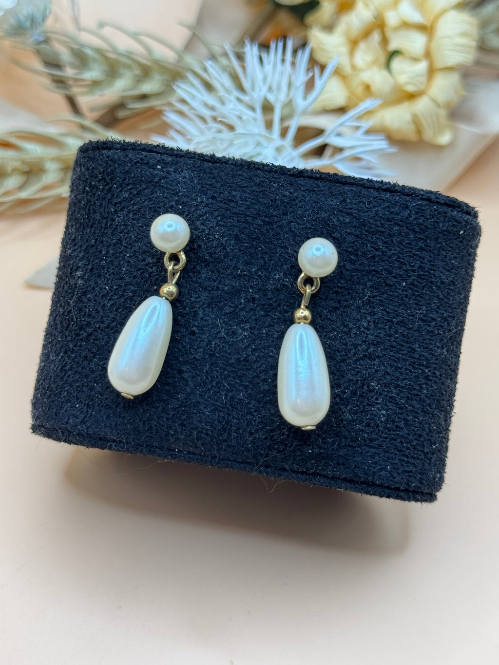 Gold Tone Faux Pearl Teardrop Dangle Earrings