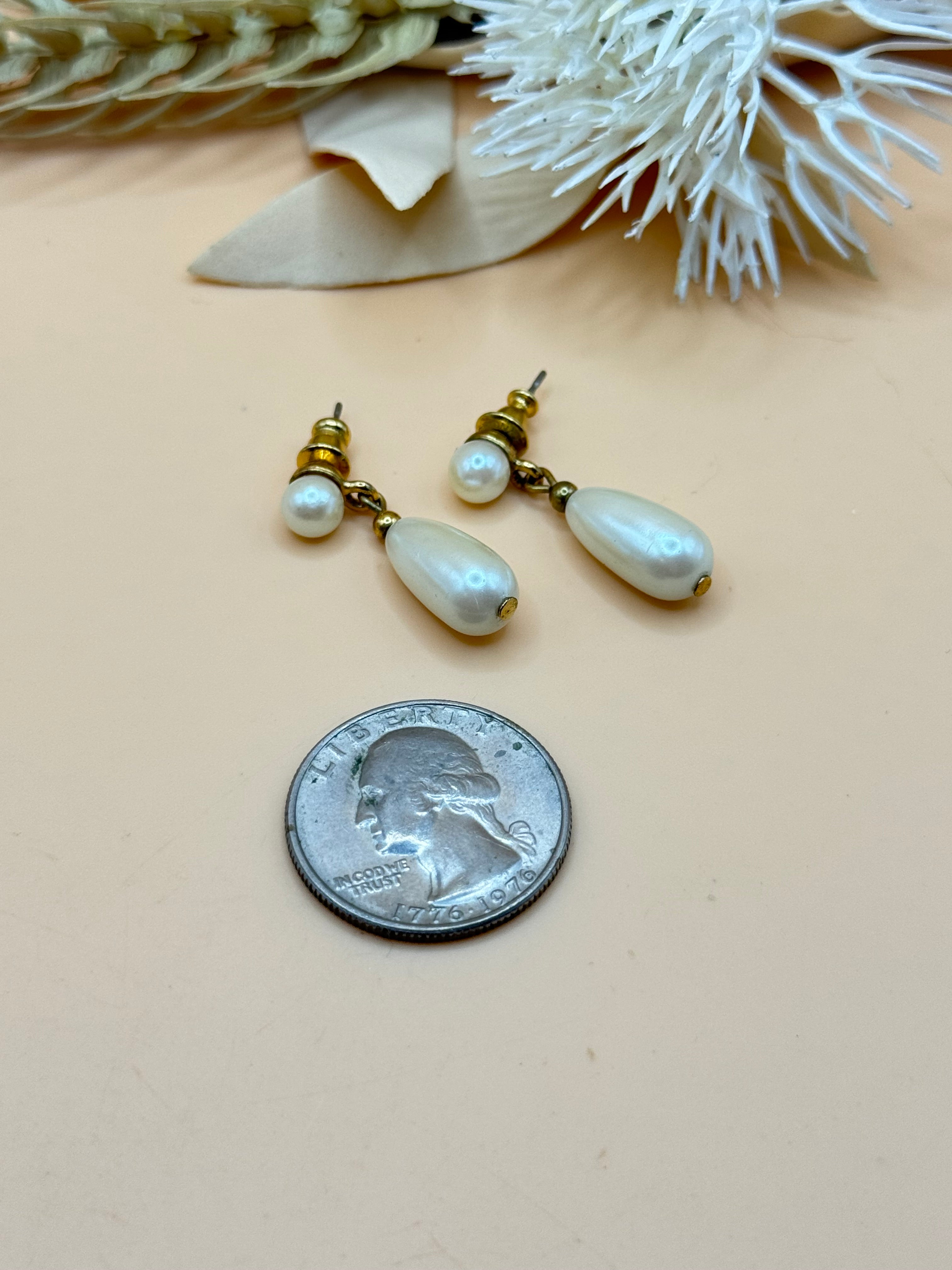 Gold Tone Faux Pearl Teardrop Dangle Earrings