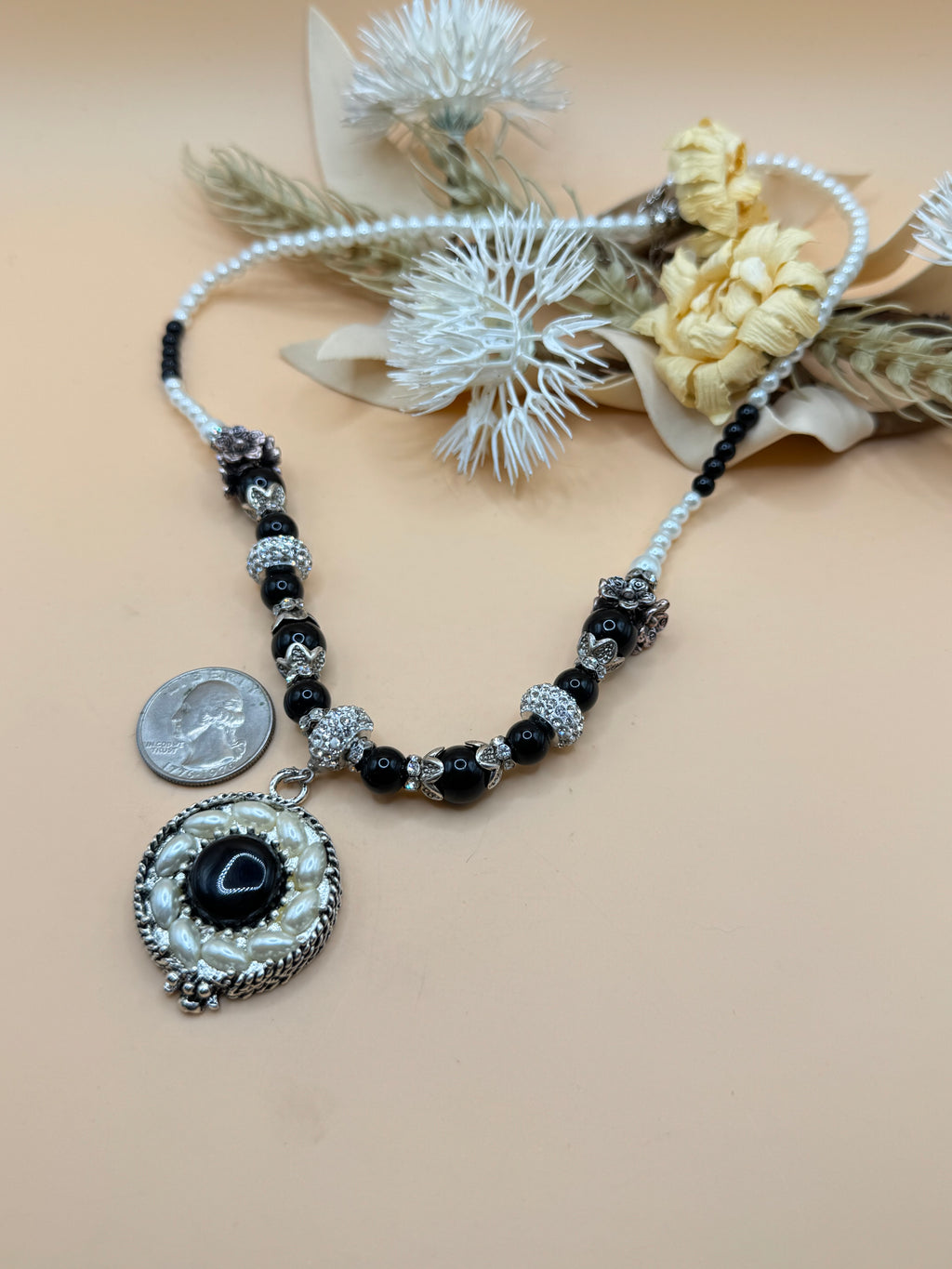 Black & White Faux Pearl Rhinestone Pendant Necklace – 18 Inch
