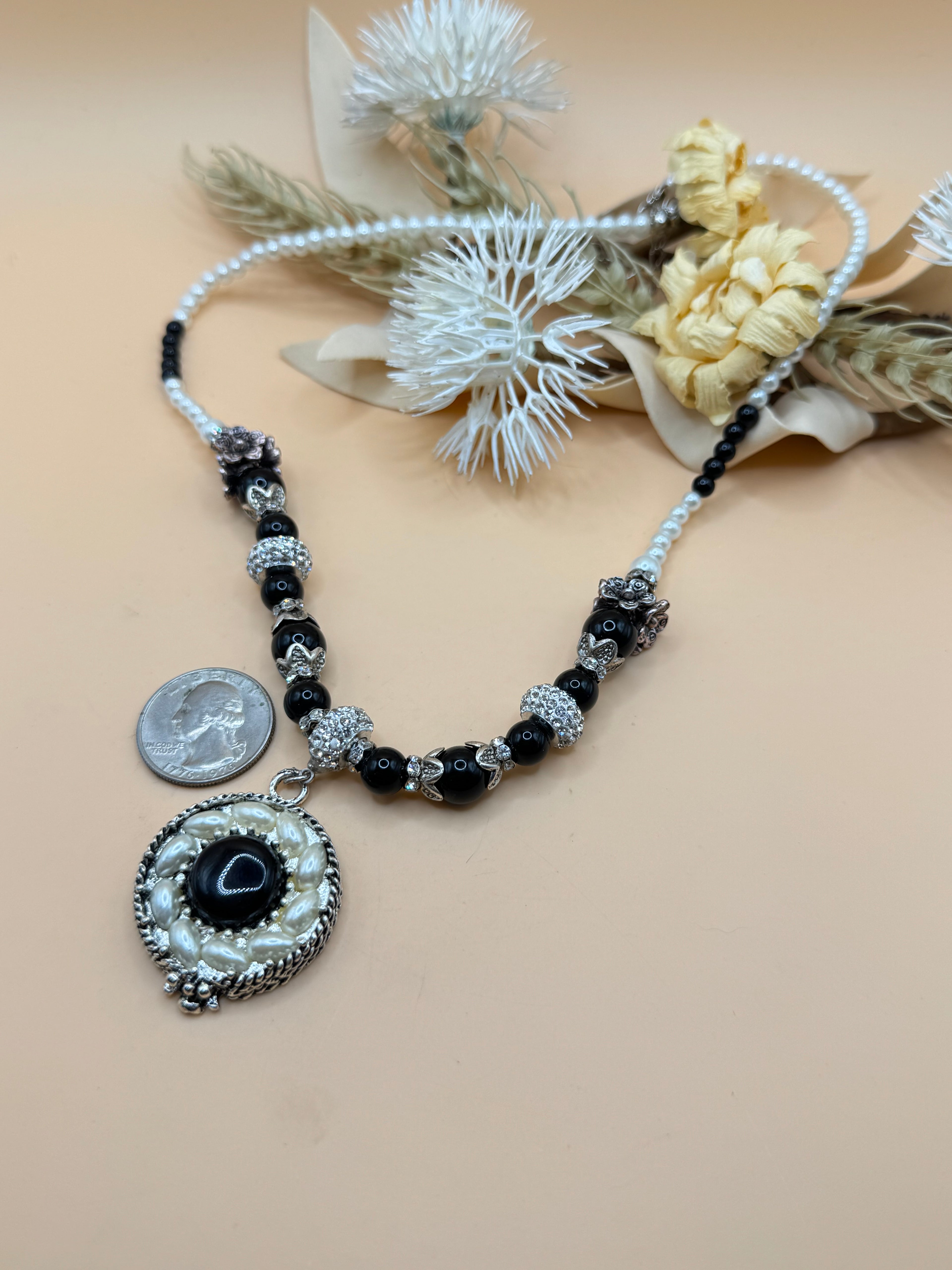 Black & White Faux Pearl Rhinestone Pendant Necklace – 18 Inch