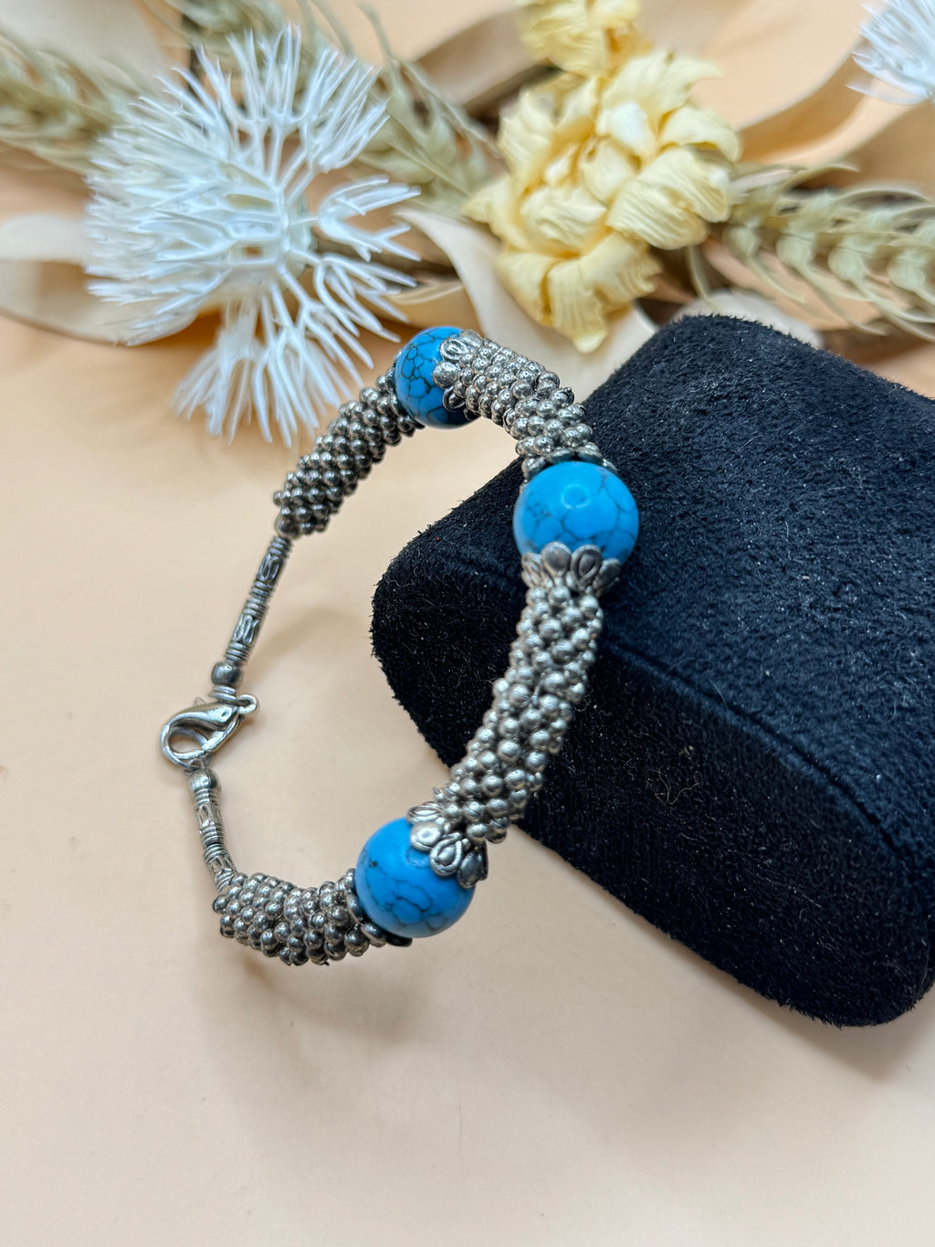 Silver-Tone Beaded Bracelet with Blue Faux Turquoise Accents