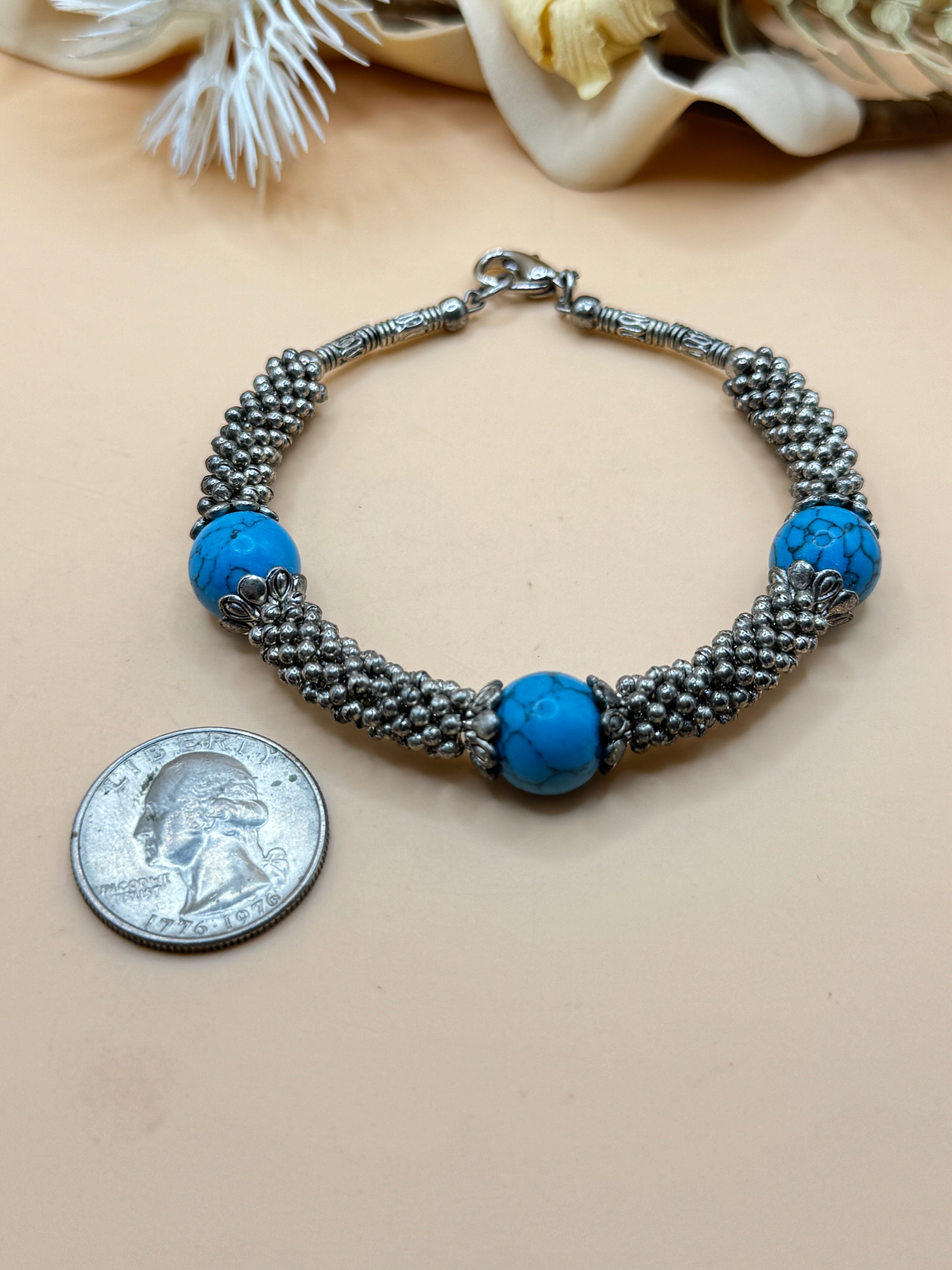 Silver-Tone Beaded Bracelet with Blue Faux Turquoise Accents